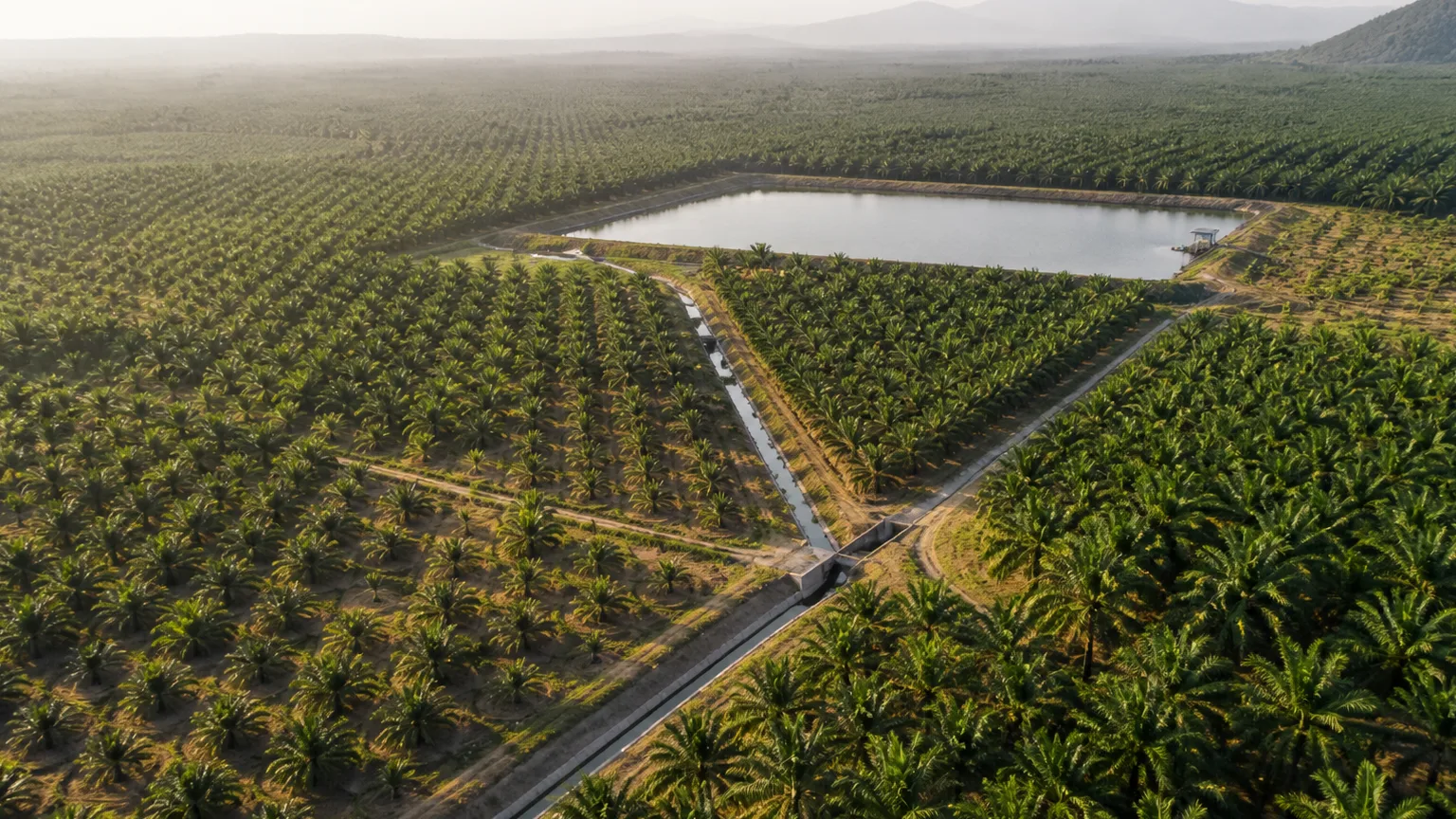 Hamparan kebun kelapa sawit dengan kolam penampung dan saluran pengelolaan air saat musim kering