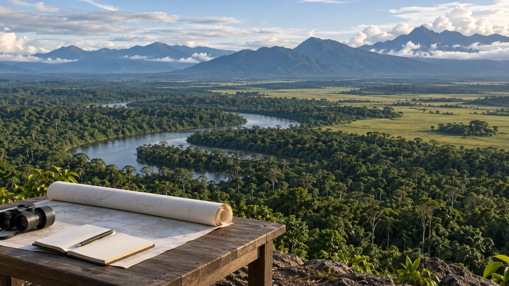 Peta perencanaan lahan menghadap kawasan hutan, sungai, dan pegunungan Papua.
