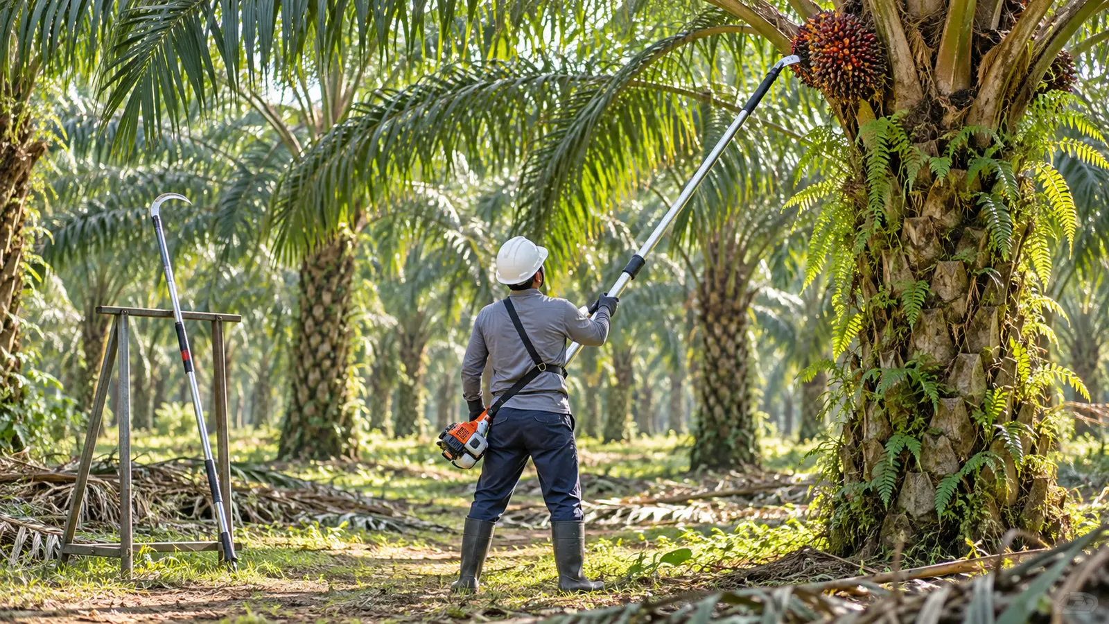 Pekerja memakai helm dan sarung tangan mengarahkan alat panen bergalah ke tandan sawit di kebun.