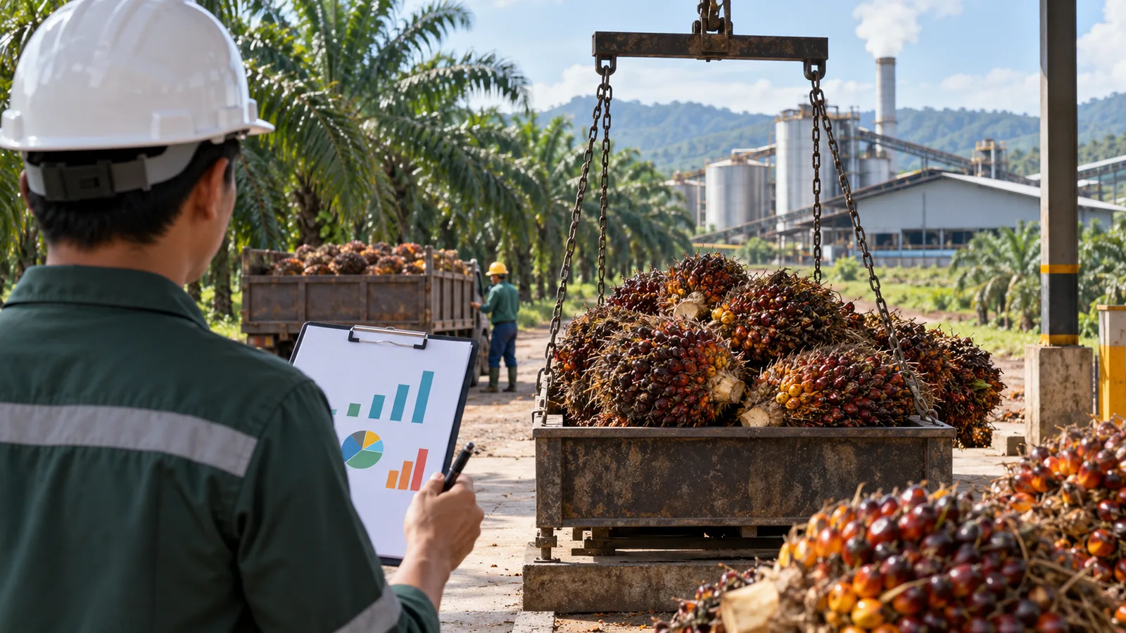 Petugas kebun mencatat hasil penimbangan tandan buah segar dengan pabrik kelapa sawit di kejauhan.