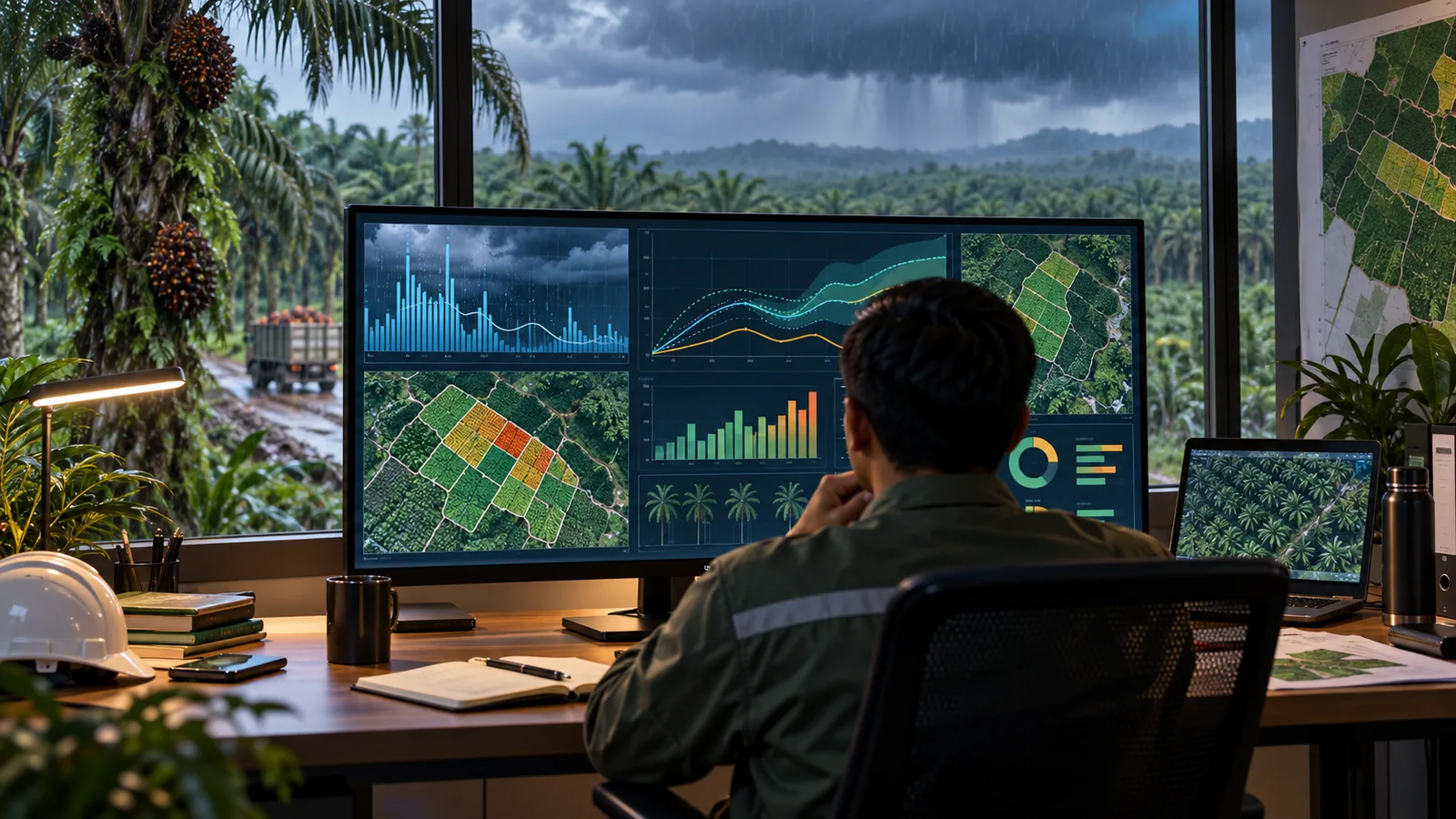Analis kebun membaca dasbor prakiraan produksi TBS dengan data hujan dan peta blok perkebunan sawit.