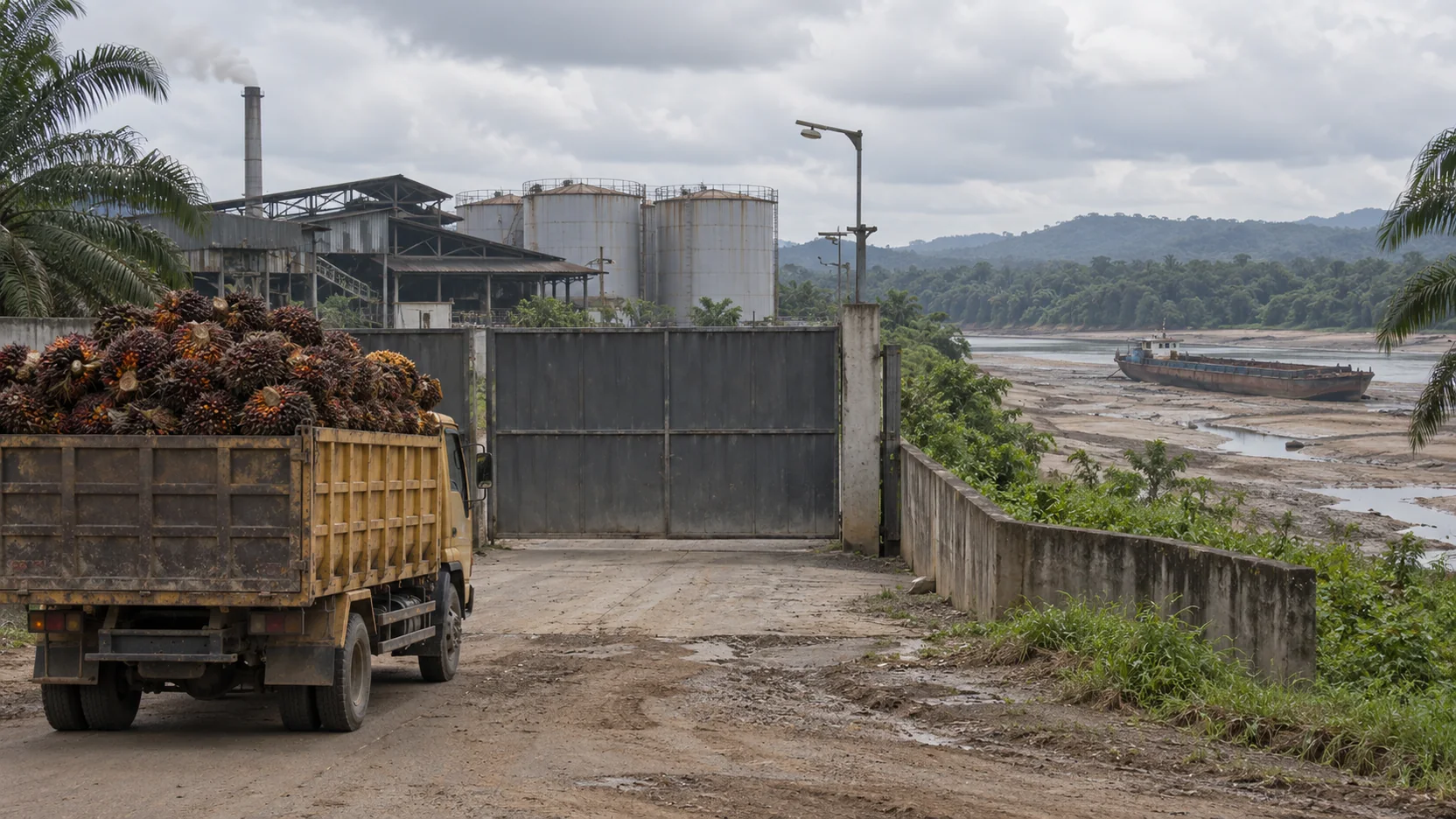 Truk bermuatan tandan buah segar menunggu di gerbang pabrik dekat sungai yang surut.