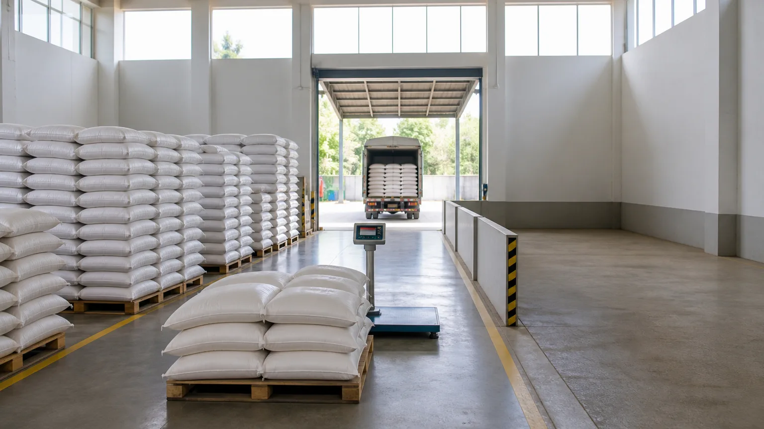 Tumpukan karung beras di gudang logistik dengan area distribusi yang tertata