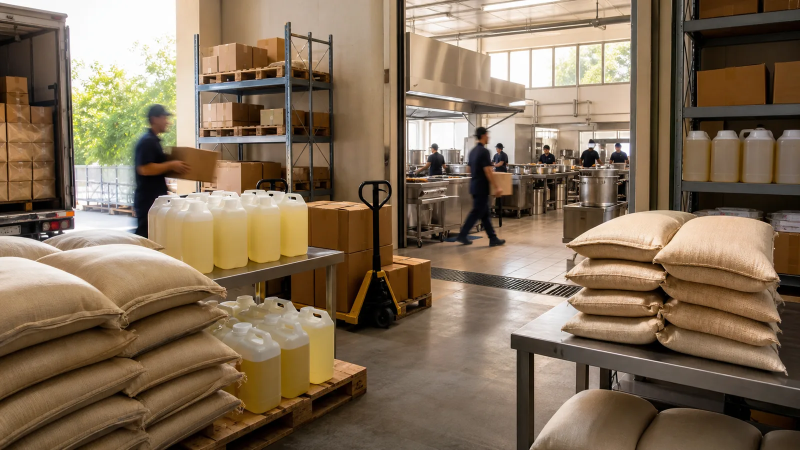 Jeriken minyak goreng curah dan karung bahan pangan di area logistik dapur institusional