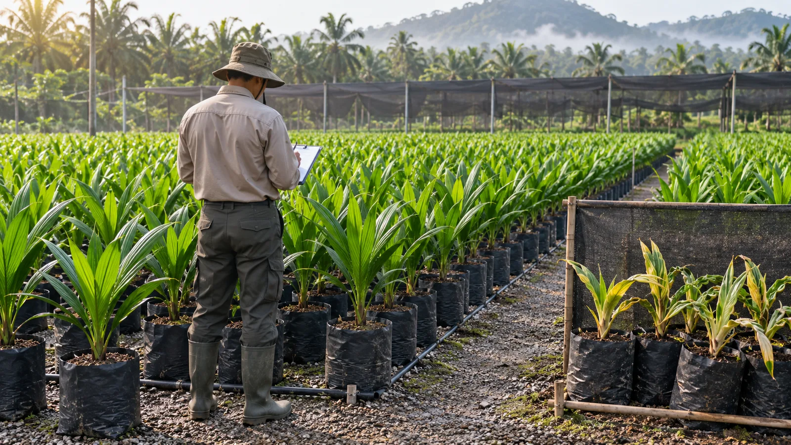 Petugas mencatat mutu bibit di antara barisan nursery sawit dengan bibit abnormal dipisahkan untuk seleksi.