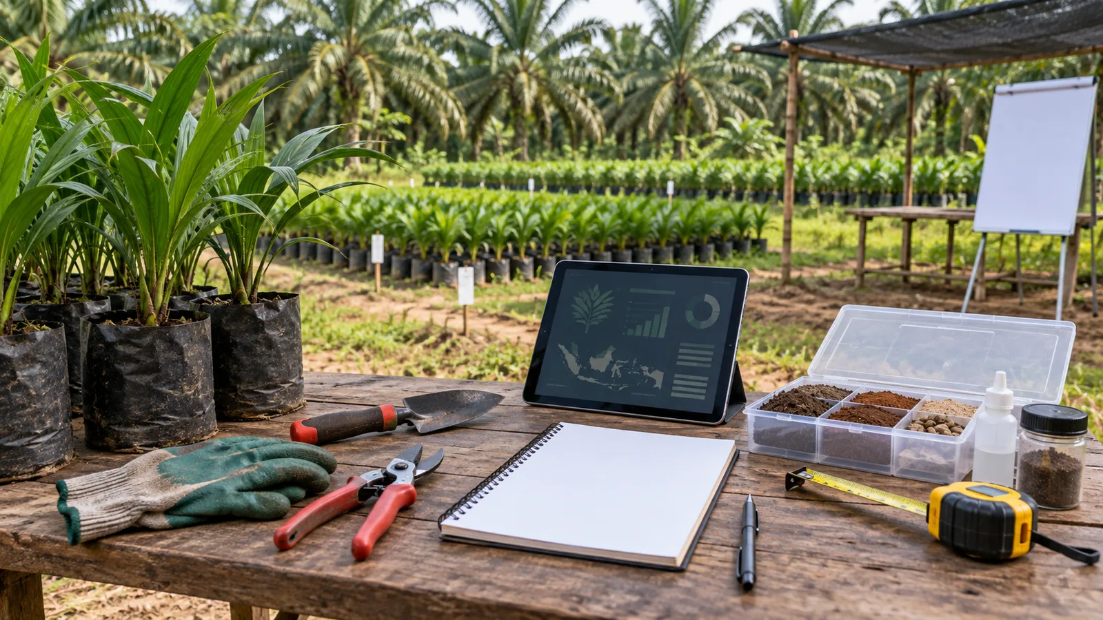 Bibit sawit, alat agronomi, dan materi pelatihan di kebun percontohan