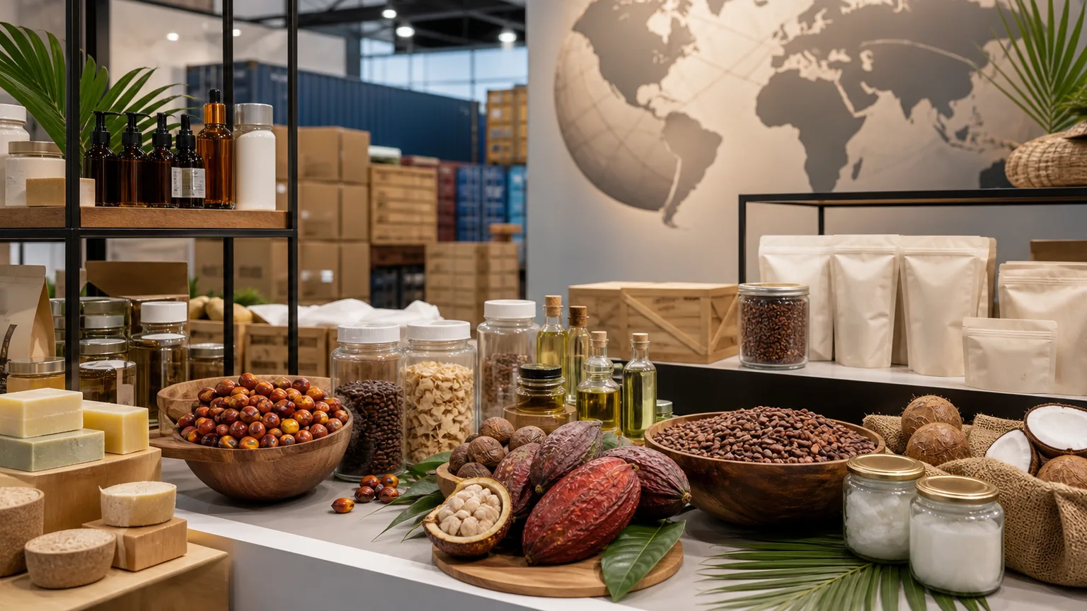 Pameran produk UMKM berbasis sawit, kelapa, dan kakao dengan latar logistik internasional