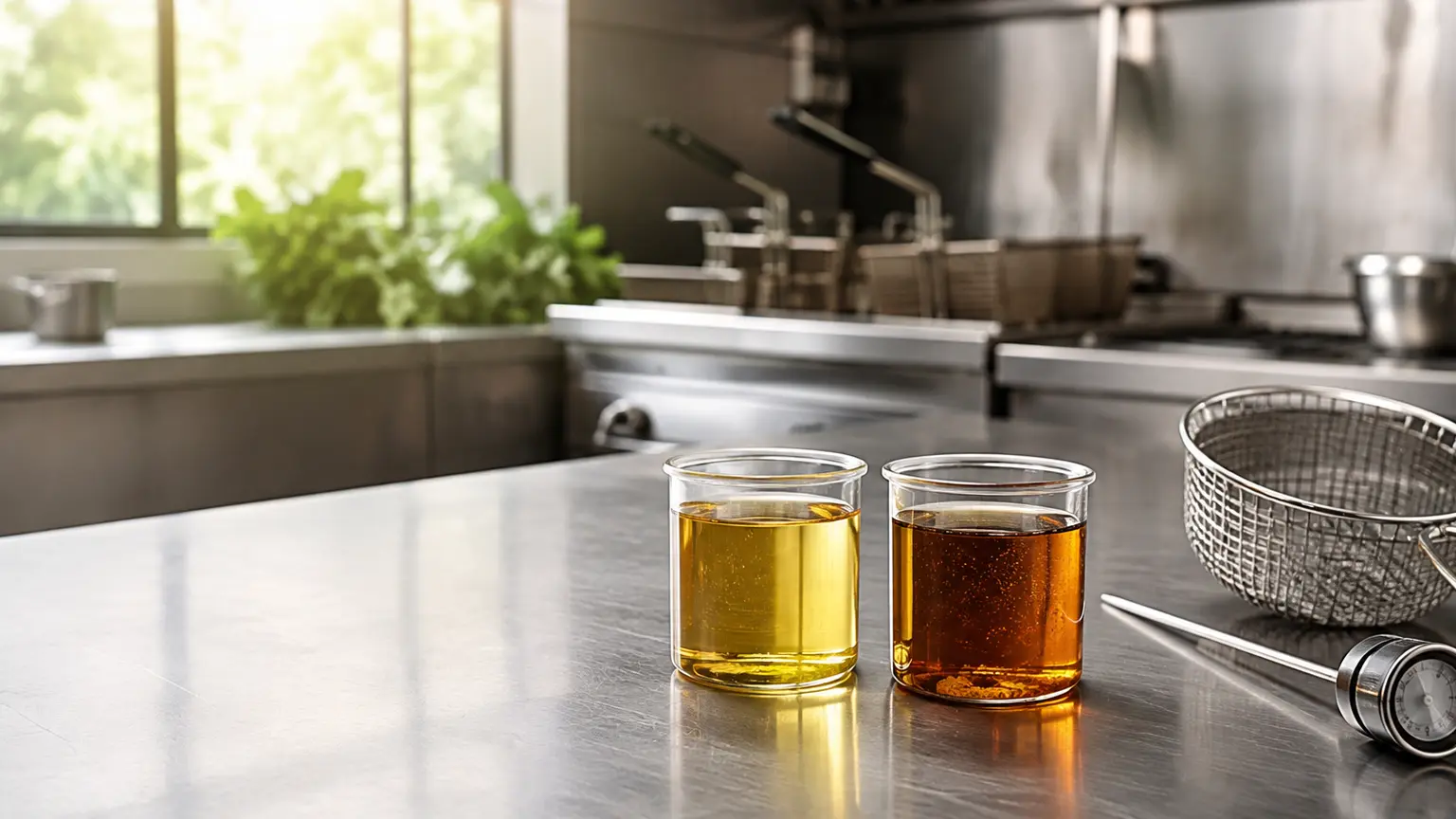 Dua sampel minyak goreng segar dan gelap di dapur dengan saringan serta termometer