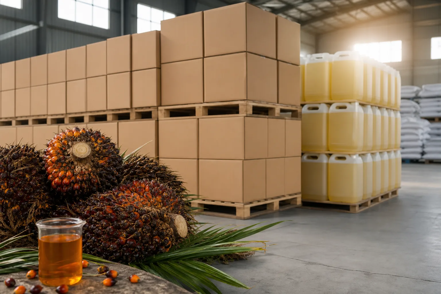 Tandan buah sawit, sampel minyak nabati, dan jeriken minyak goreng polos di gudang logistik pangan