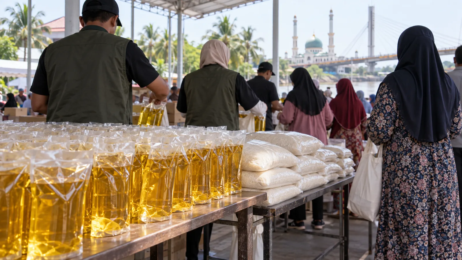 Kemasan minyak goreng tanpa merek dan beras ditata untuk pasar murah di Jambi.