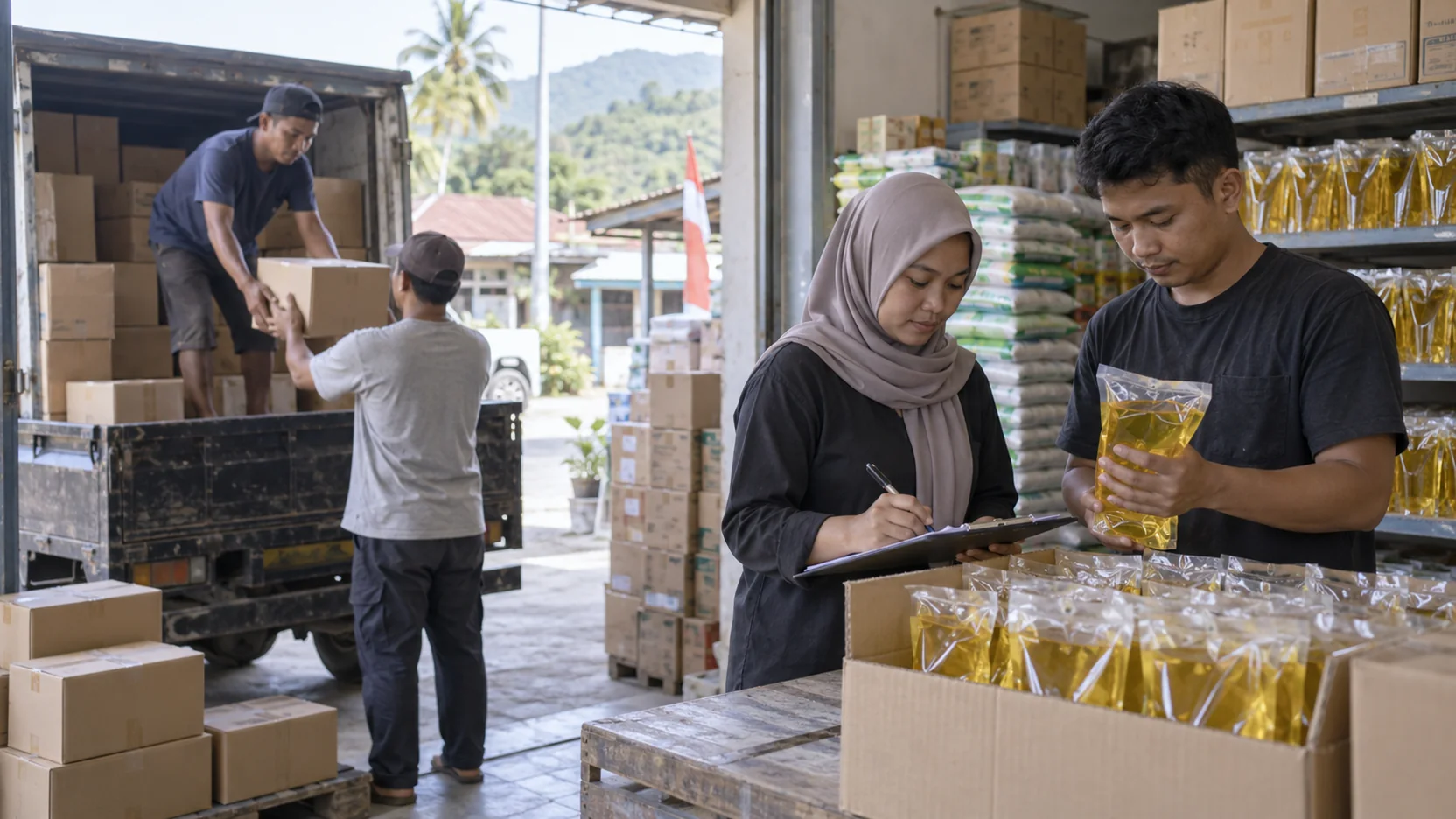 Ilustrasi pemeriksaan stok dan distribusi minyak goreng di gudang regional