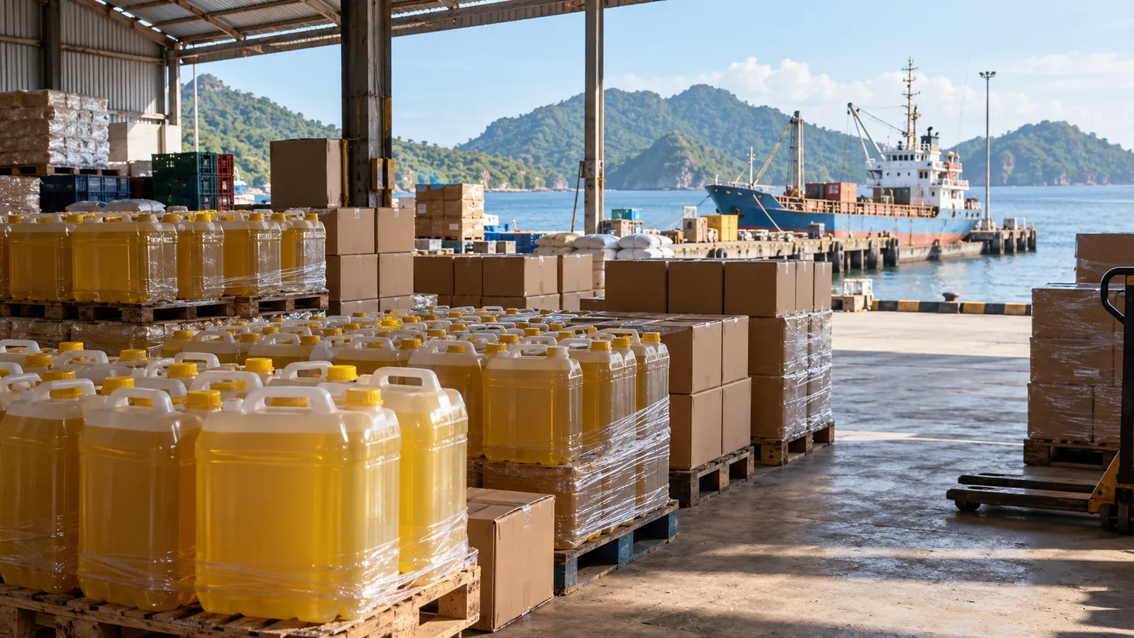 Jeriken minyak nabati polos di gudang logistik pesisir dengan kapal kargo di kejauhan