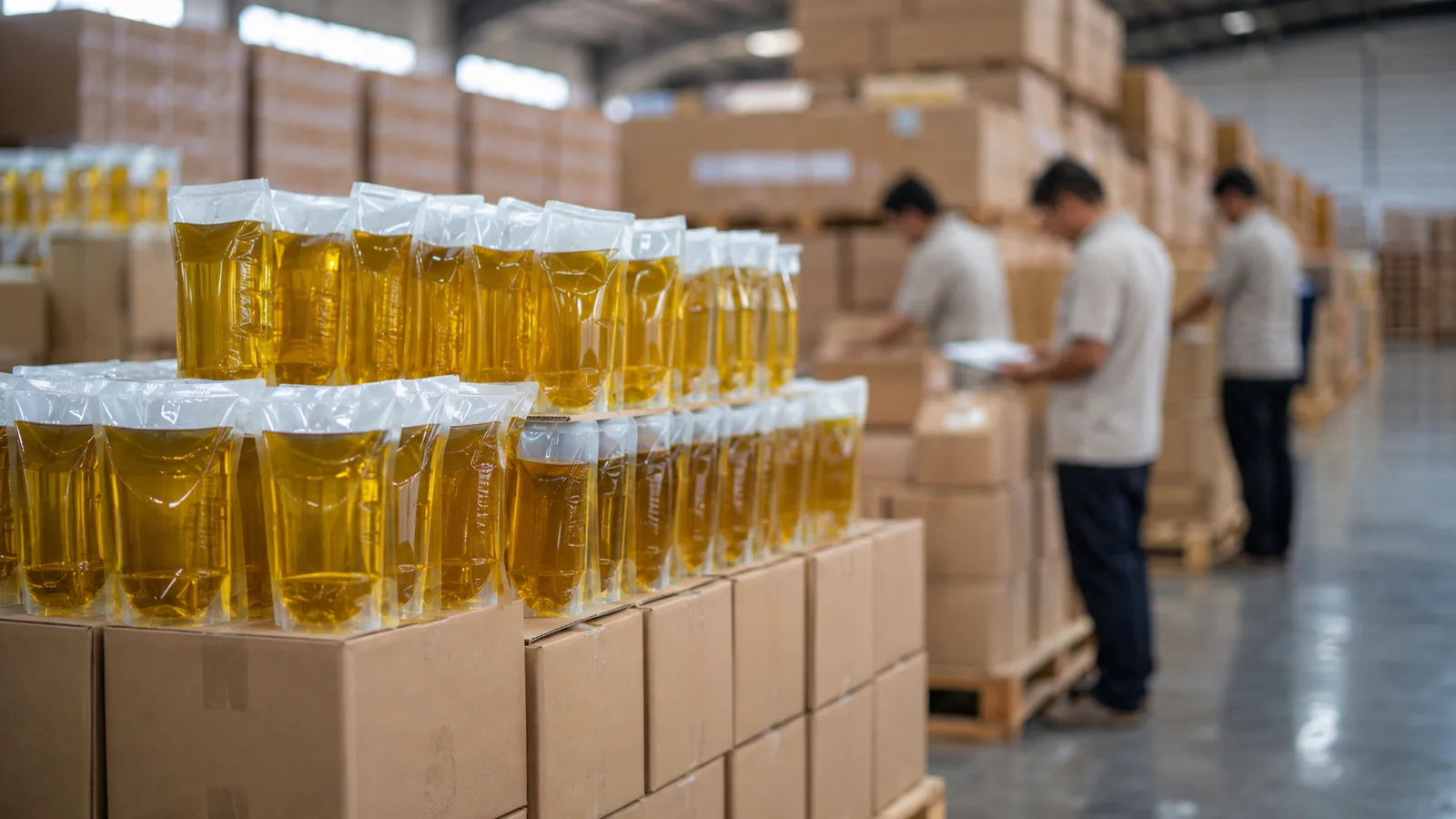 Deretan kemasan minyak goreng dan kardus di gudang distribusi pangan