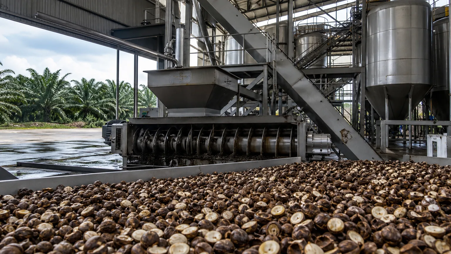 Mesin Kernel Crushing Plant dengan tumpukan inti sawit di fasilitas pengolahan modern