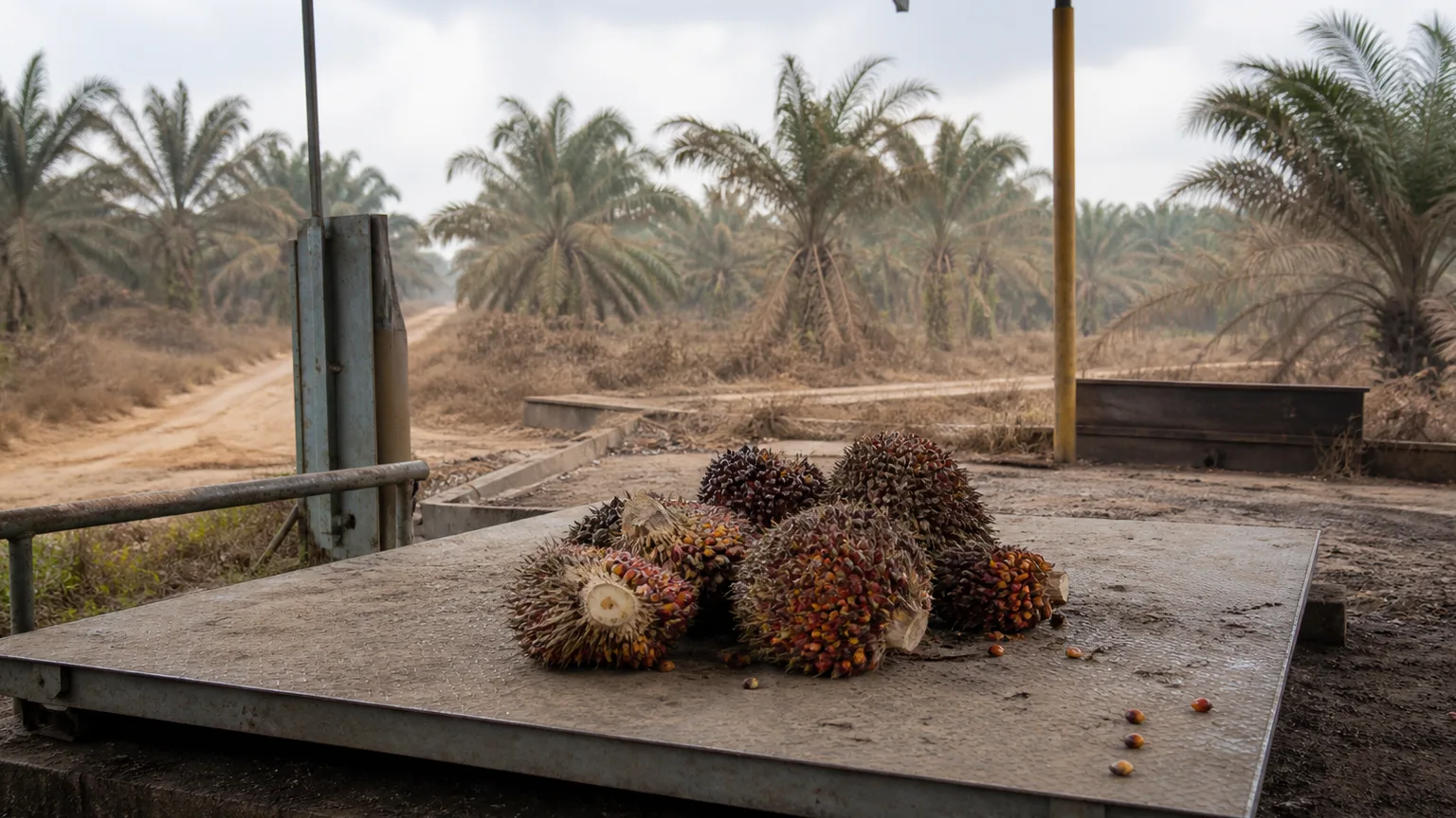 Tandan buah segar kelapa sawit di atas jembatan timbang dengan kebun yang mengering di latar belakang