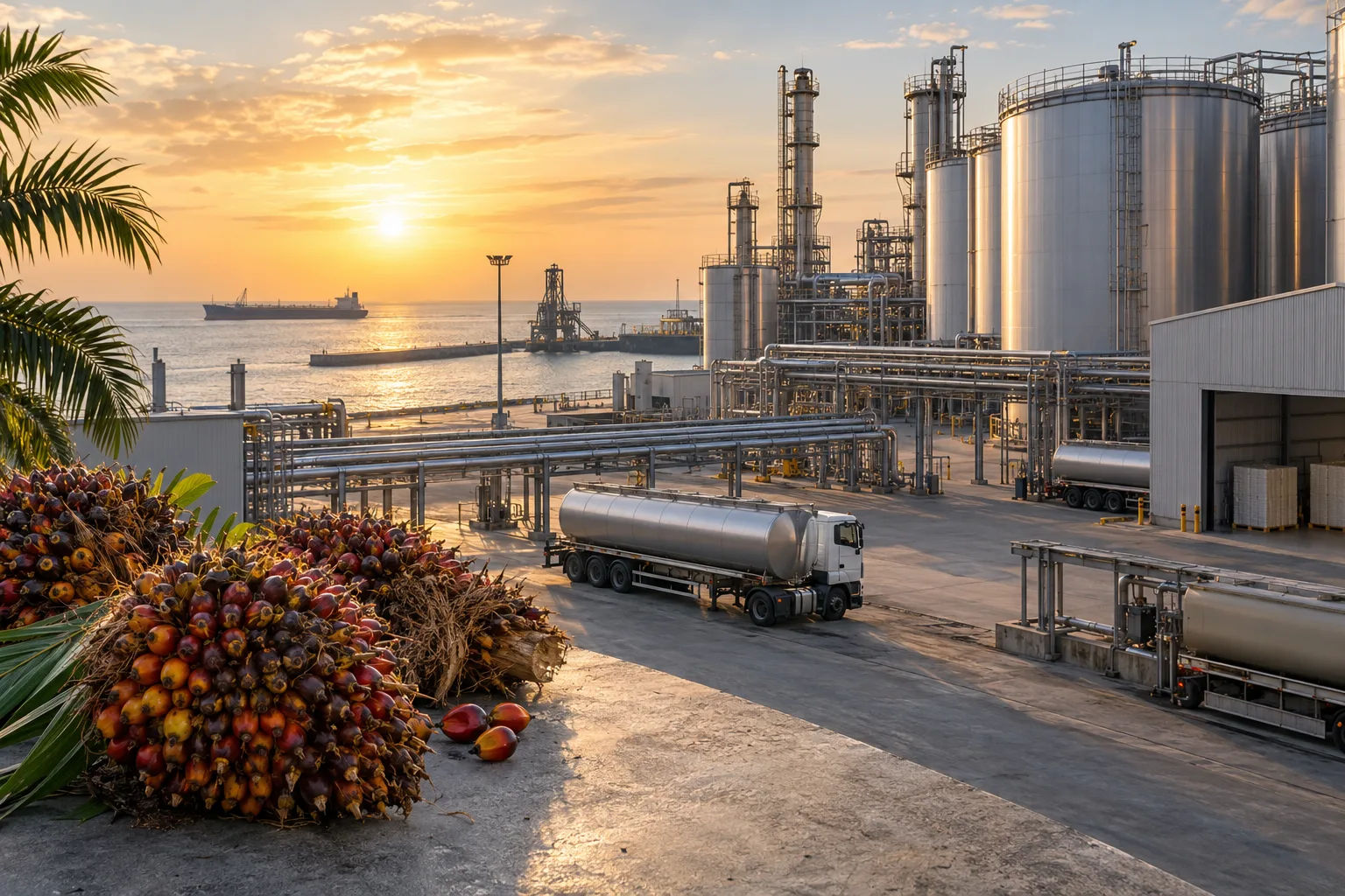 Kompleks refinery minyak sawit dan tangki logistik di kawasan pelabuhan