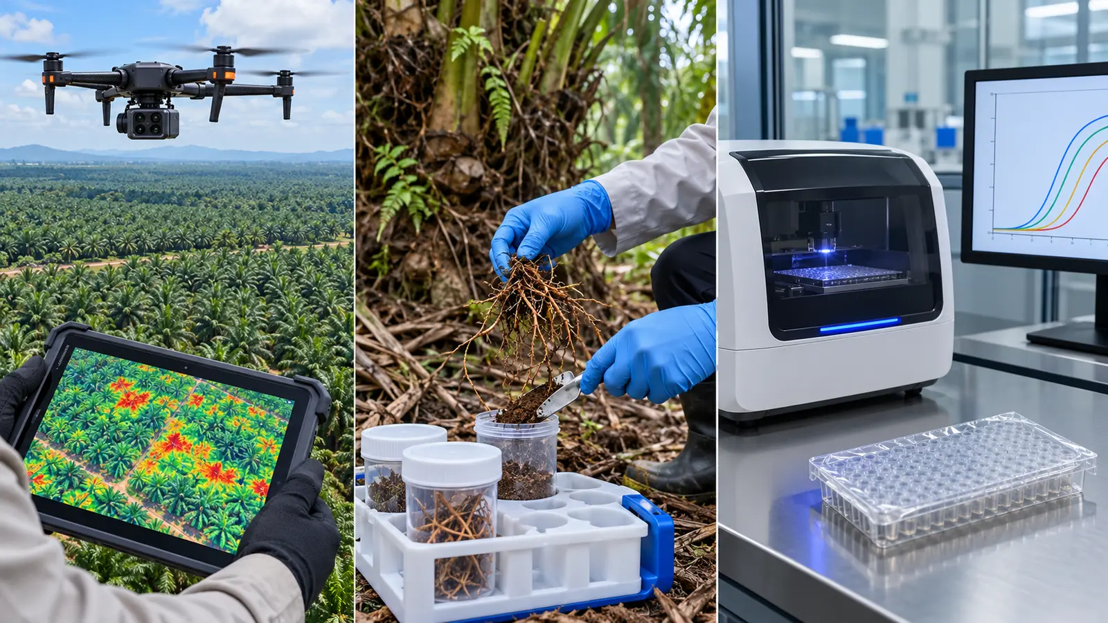 Tahapan deteksi Ganoderma berupa pemetaan anomali tajuk dengan drone, pengambilan sampel tanah dan akar, serta konfirmasi qPCR di laboratorium