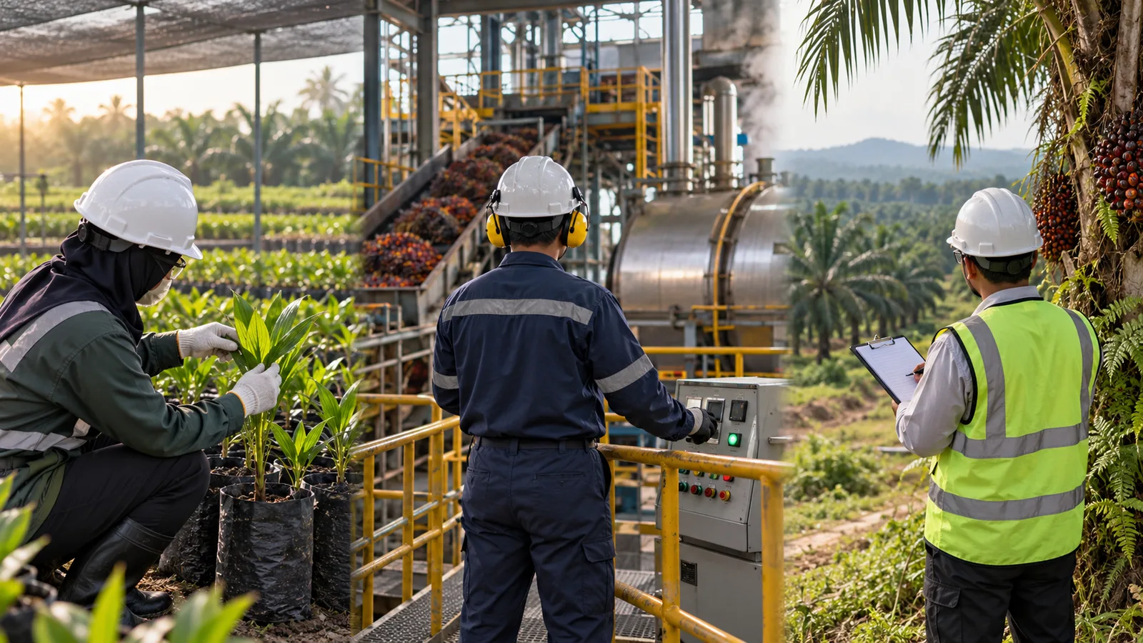 Tiga tenaga profesional meninjau pembibitan, proses pabrik, dan kepatuhan di industri kelapa sawit.