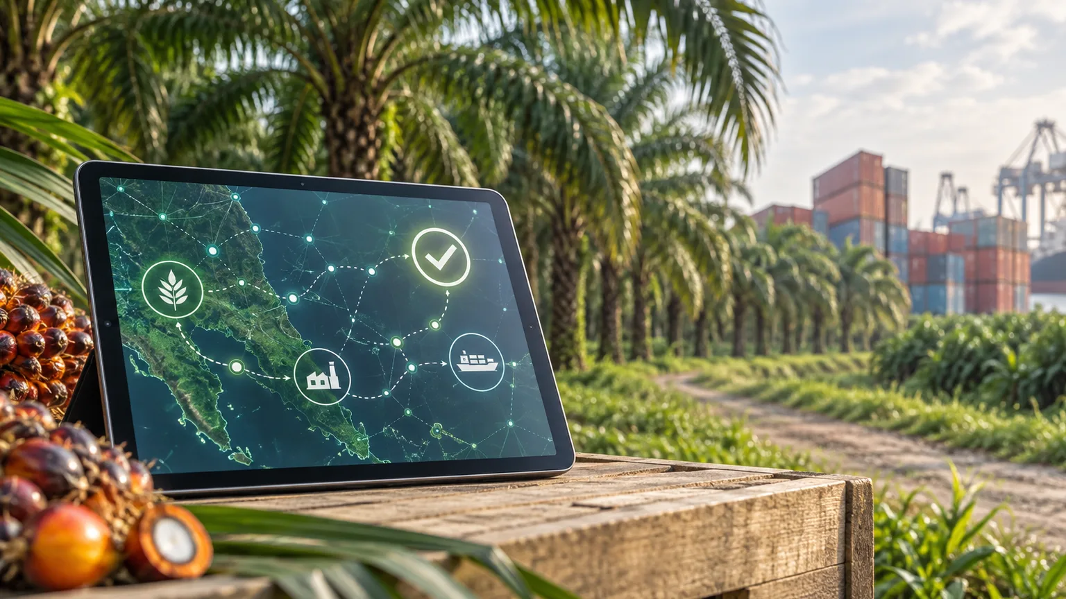 Tablet menampilkan peta ketertelusuran di antara kebun sawit dan terminal ekspor
