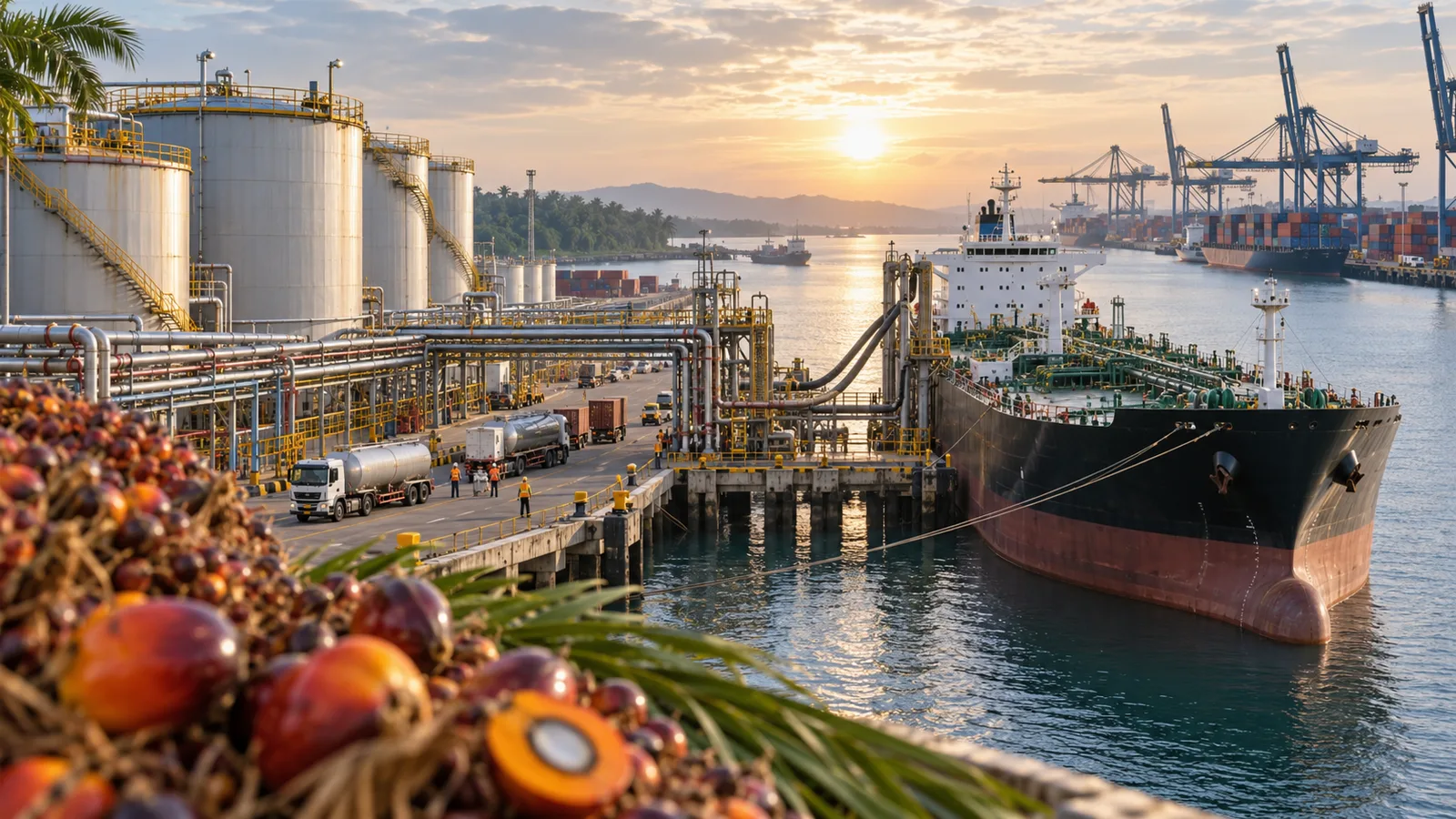 Terminal ekspor CPO dengan tangki penyimpanan, jaringan pipa, truk tangki, dan kapal tanker.