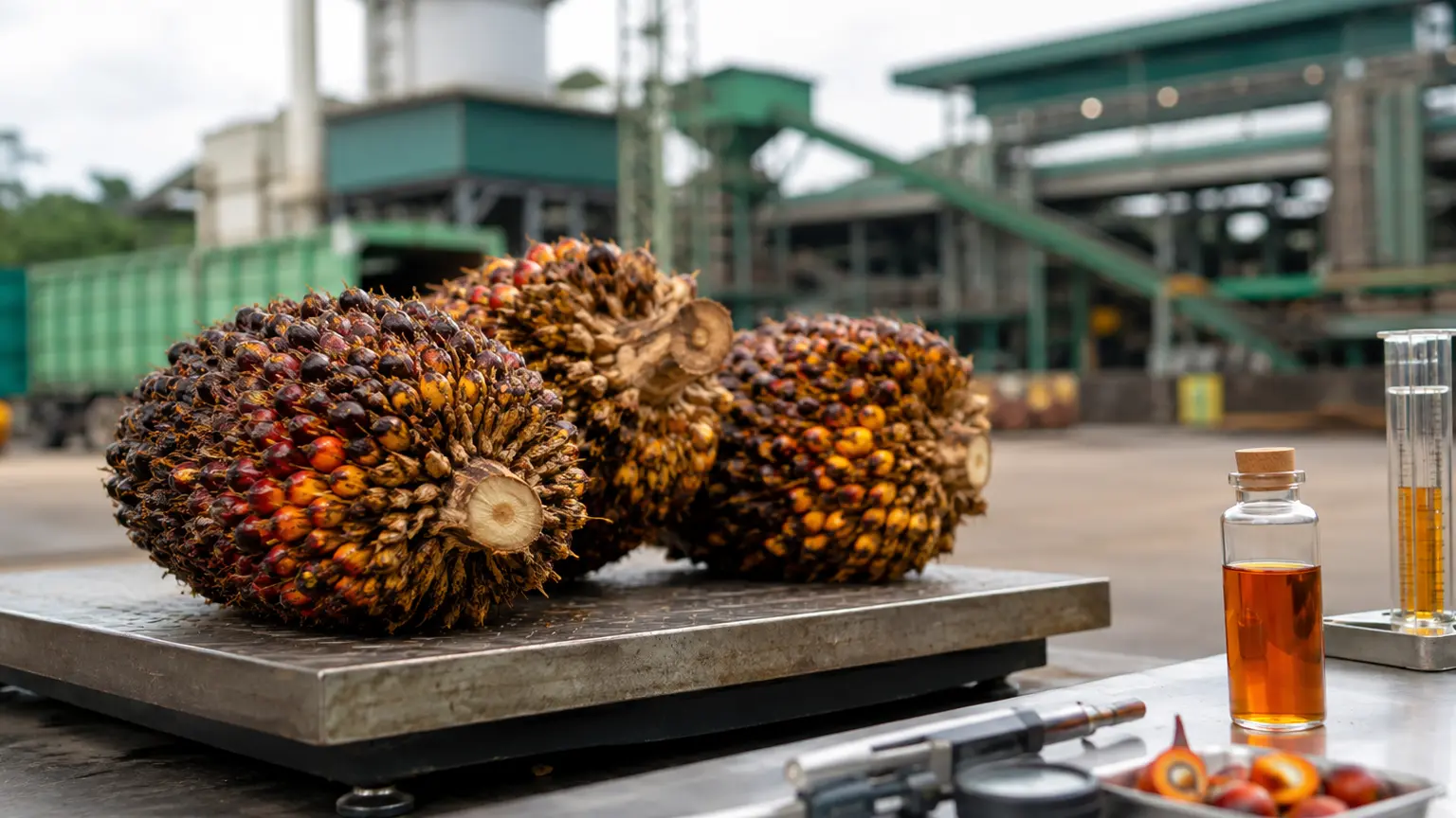 Tandan buah segar di atas timbangan dengan sampel minyak dan alat pengujian mutu