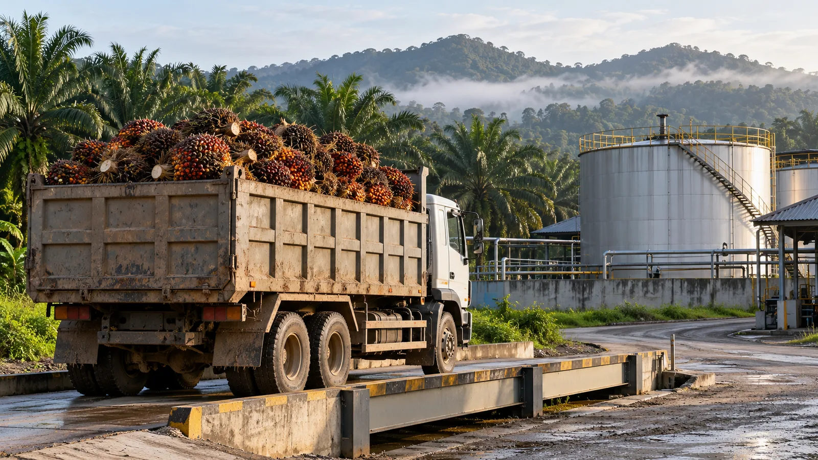 Truk bermuatan tandan buah segar sawit di jembatan timbang dekat fasilitas pengolahan CPO