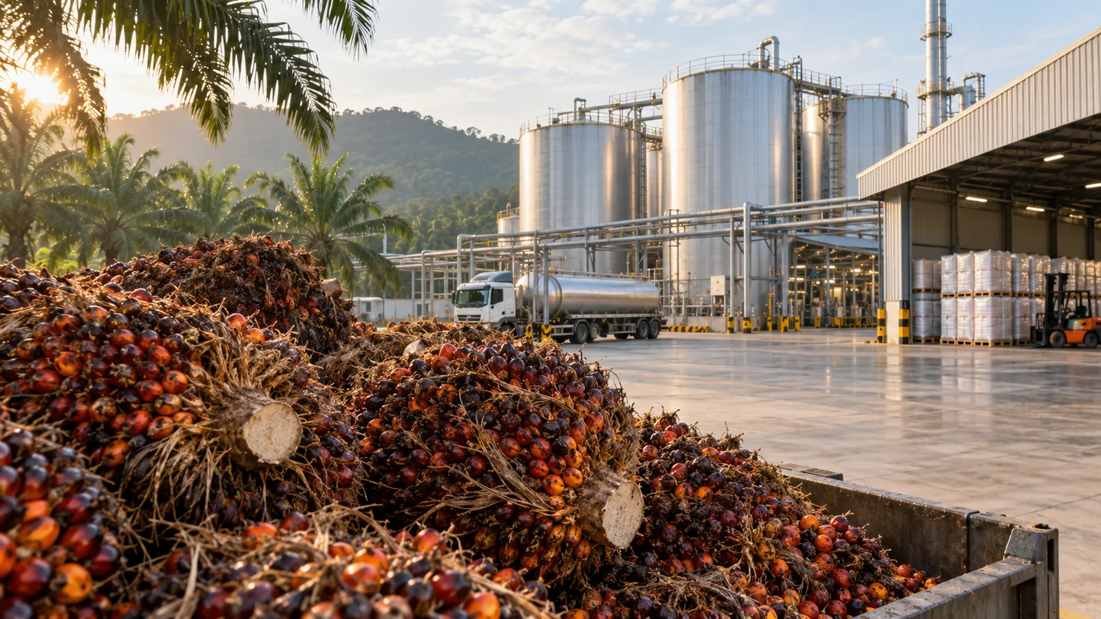 Tandan buah segar sawit di depan fasilitas pengolahan dan gudang logistik minyak nabati