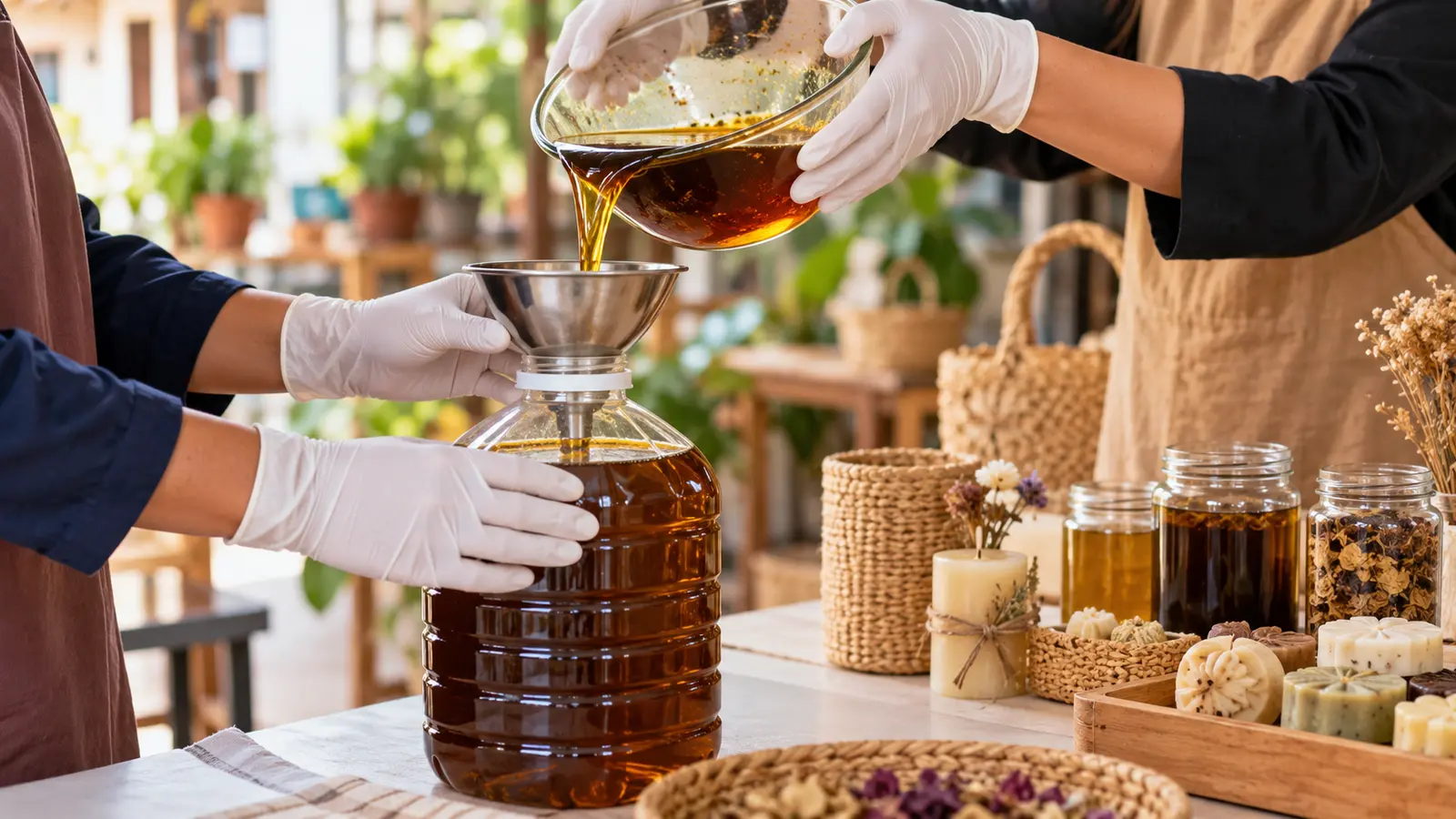 Tangan bersarung memindahkan cairan berwarna cokelat melalui corong ke botol di meja kerja.