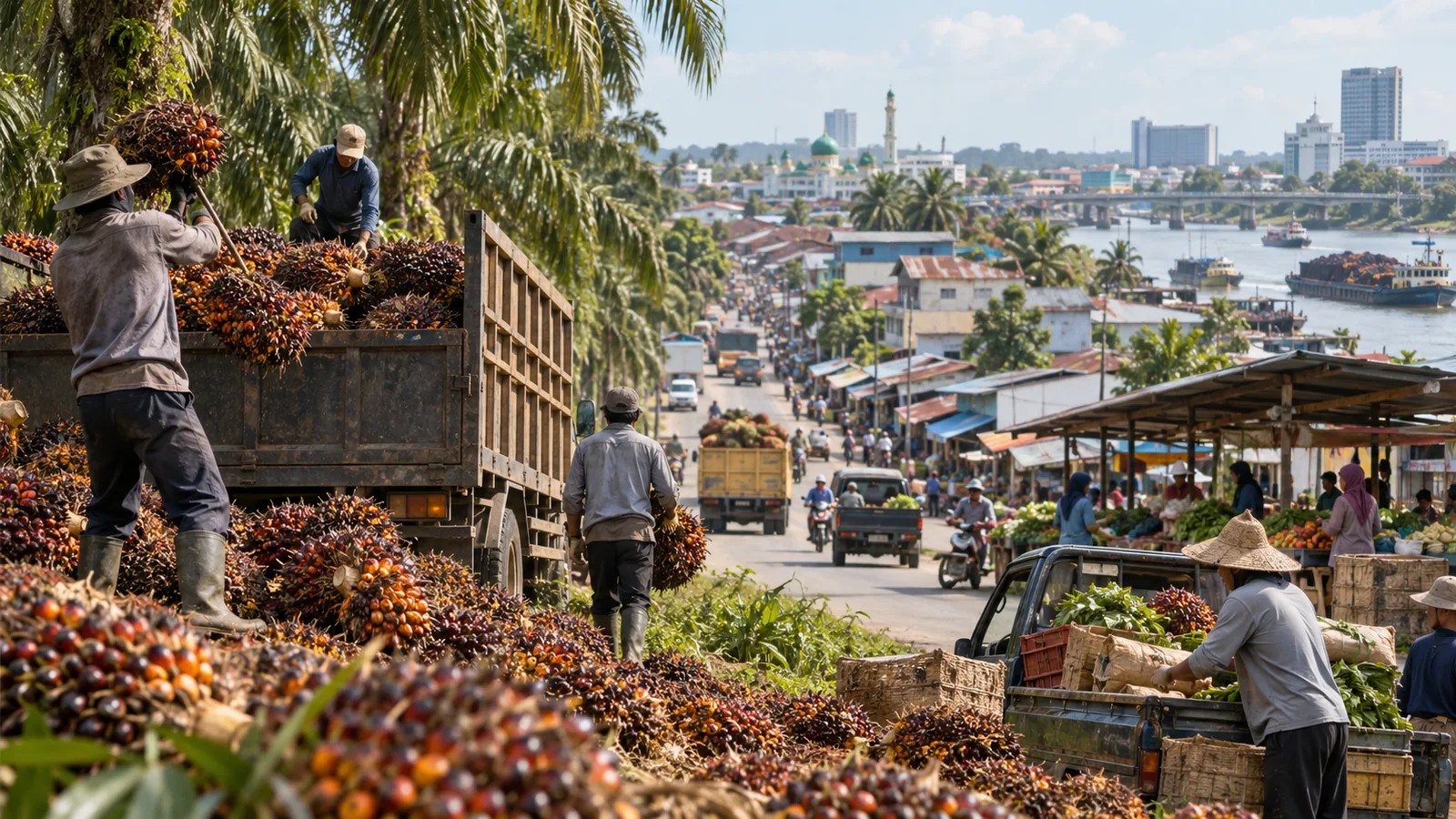 Aktivitas panen dan pengangkutan buah sawit yang terhubung dengan perdagangan di kawasan perkotaan.
