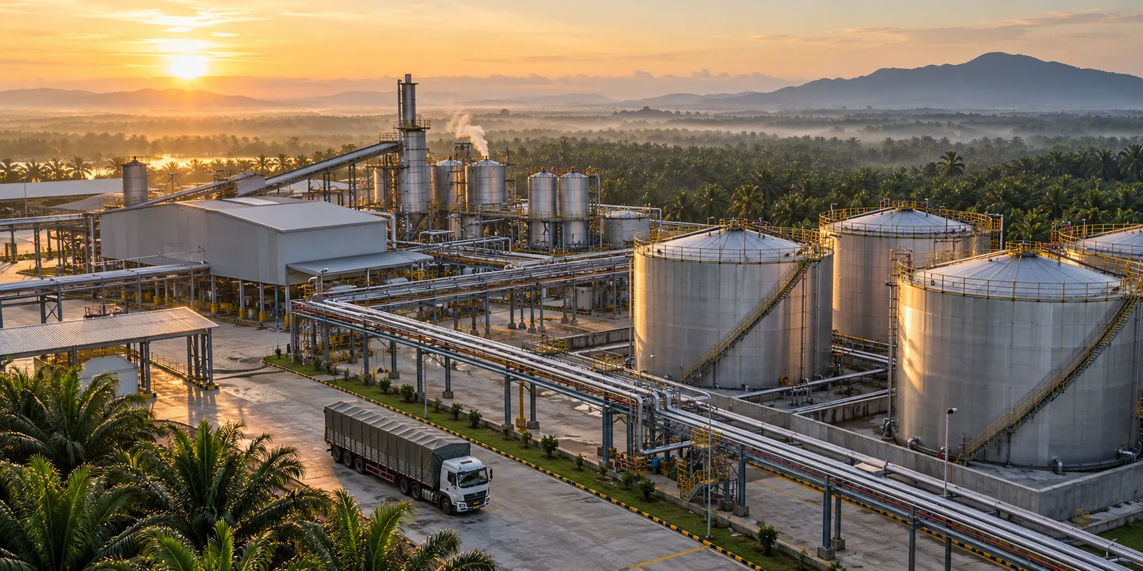 Tangki penyimpanan dan jalur logistik di fasilitas pengolahan minyak sawit berlatar kebun sawit