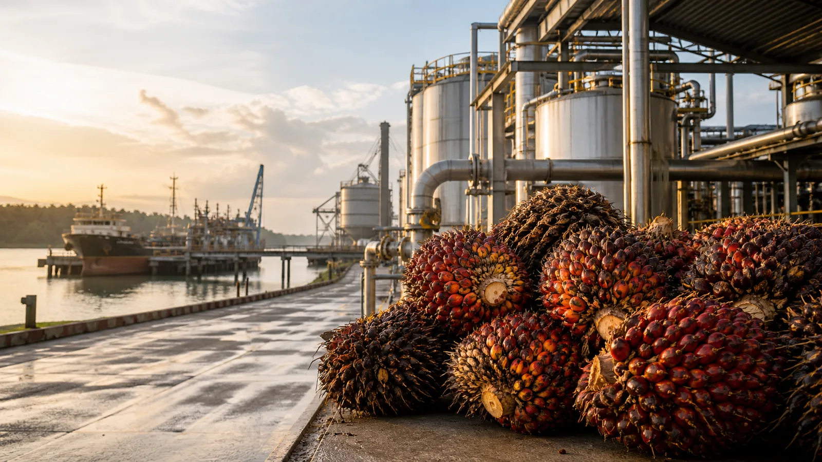 Tandan buah sawit di fasilitas penyimpanan dan terminal pengiriman CPO