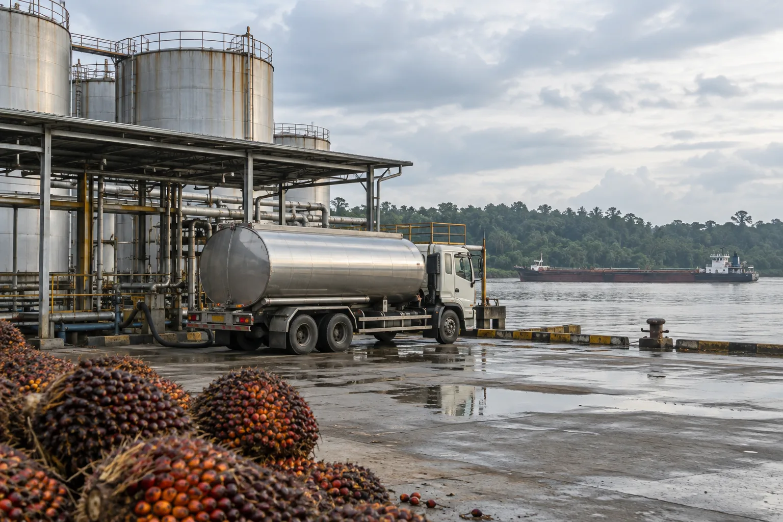 Tandan buah segar sawit di area pemuatan CPO dengan truk tangki dan angkutan sungai
