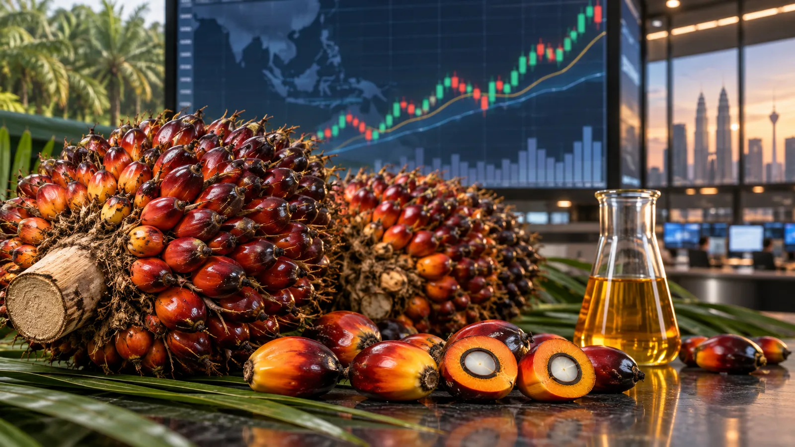 Tandan buah sawit di depan layar grafik pergerakan harga komoditas CPO.