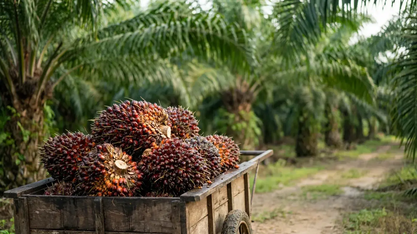 Tandan buah segar kelapa sawit di atas gerobak kayu di tengah perkebunan kelapa sawit