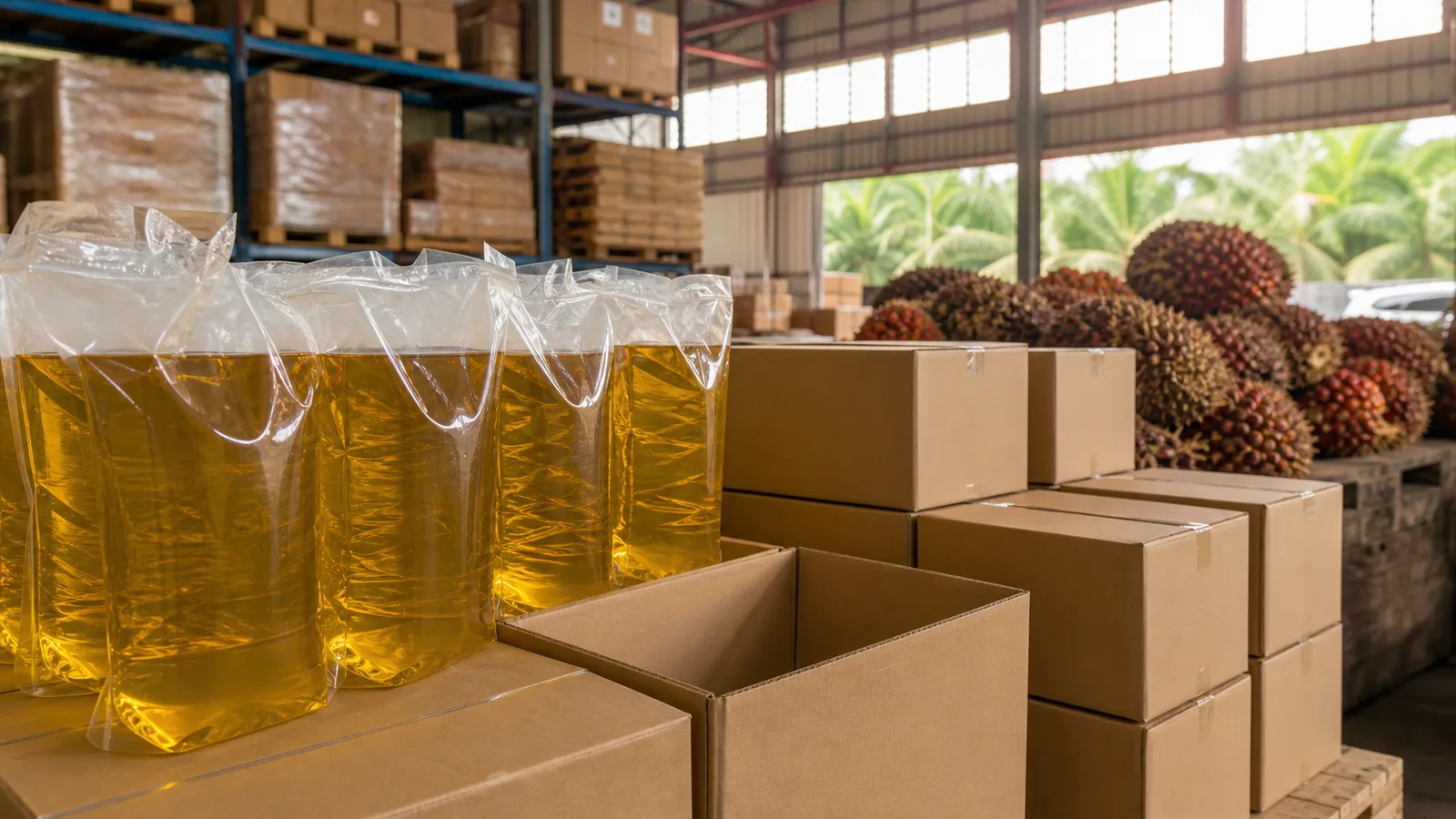 Kemasan minyak goreng tanpa merek di gudang distribusi dengan tandan buah sawit sebagai konteks rantai pasok