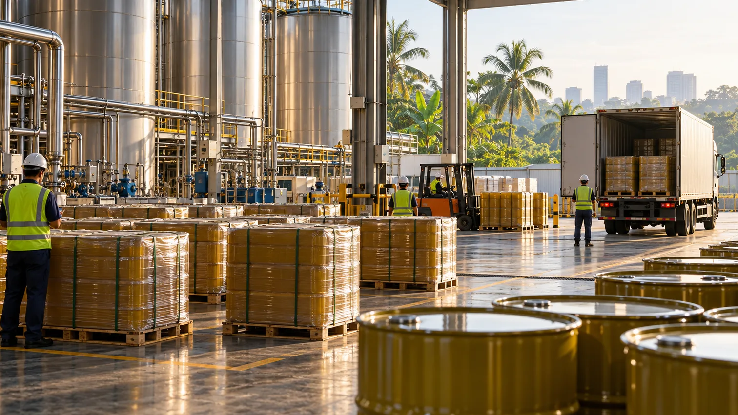 Fasilitas distribusi minyak nabati dengan tangki penyimpanan, forklift, dan pekerja gudang