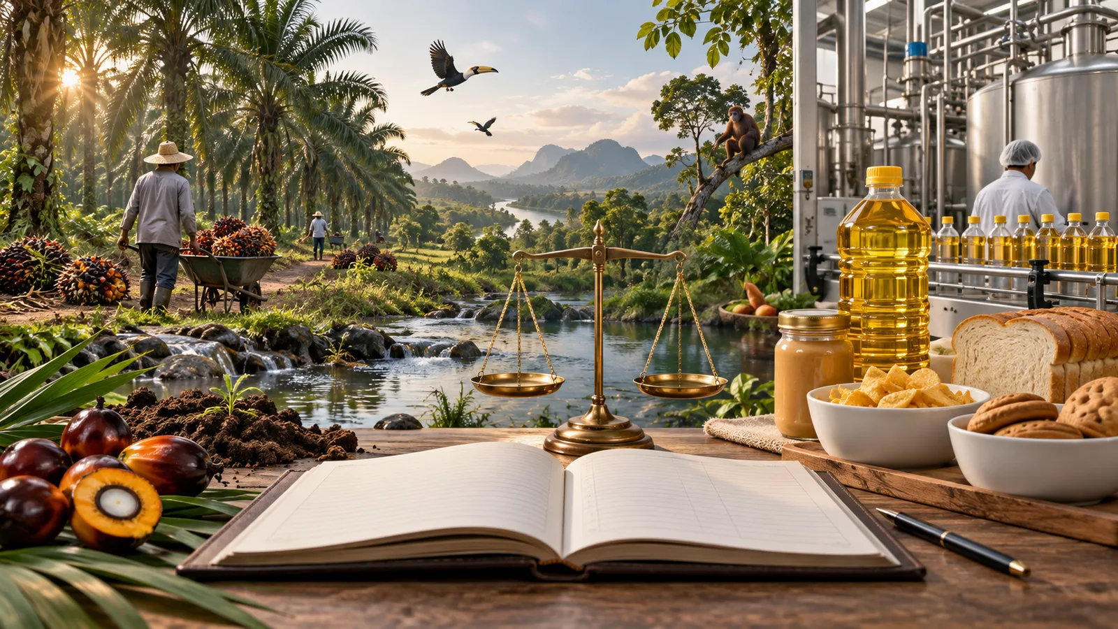 Rantai sawit pangan dari kebun dan pabrik hingga produk konsumen dengan buku perhitungan biaya.