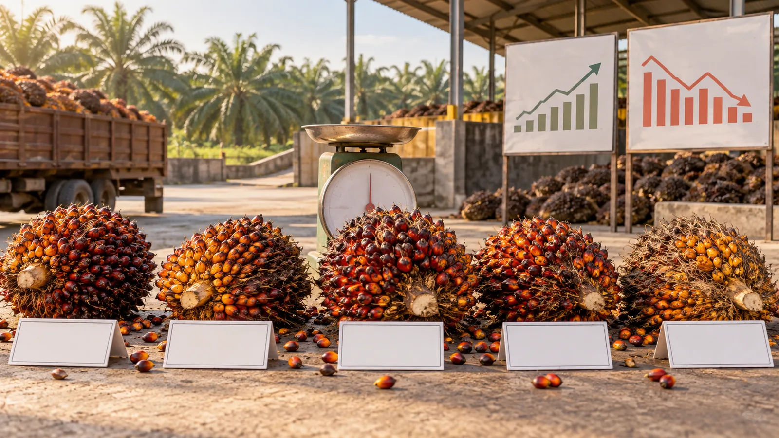 Tandan buah segar sawit, timbangan, dan grafik perbandingan harga di tempat pengumpulan.