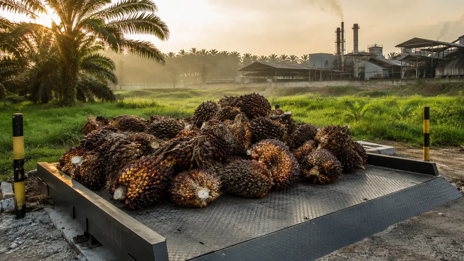 Tandan buah segar kelapa sawit di atas jembatan timbang dekat pabrik