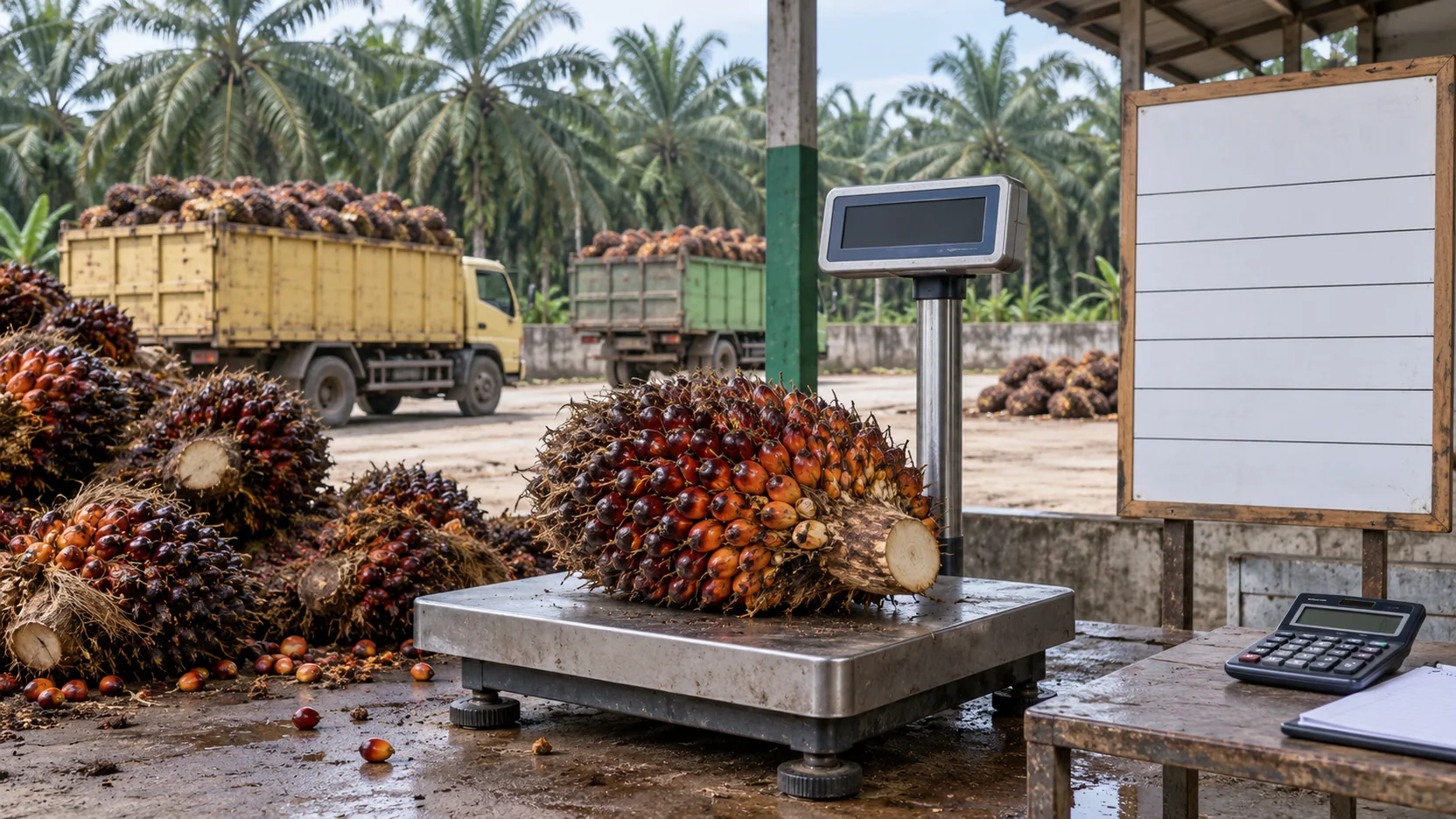 Tandan buah segar berada di atas timbangan dengan truk pengangkut di area pengumpulan.