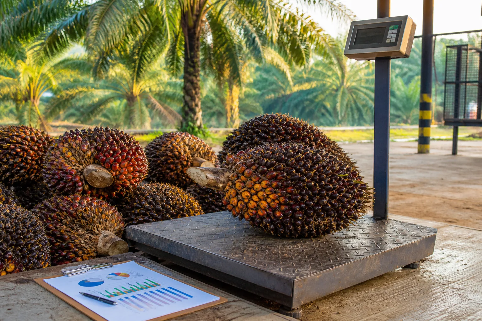 Tandan buah segar kelapa sawit ditimbang di tempat pengumpulan hasil kebun