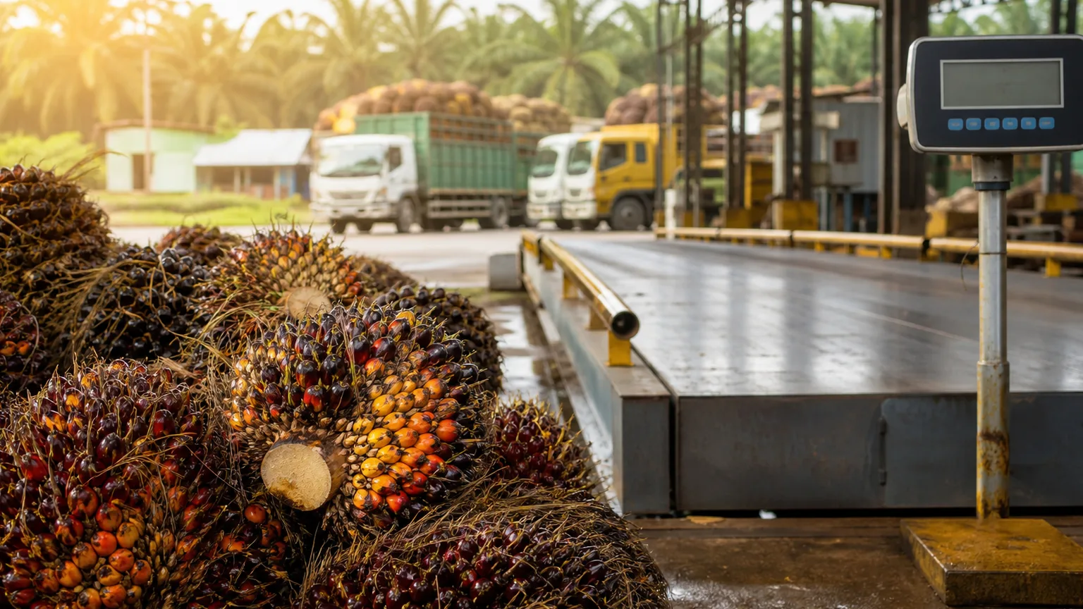 Tandan buah segar kelapa sawit di samping jembatan timbang pada fasilitas pengumpulan