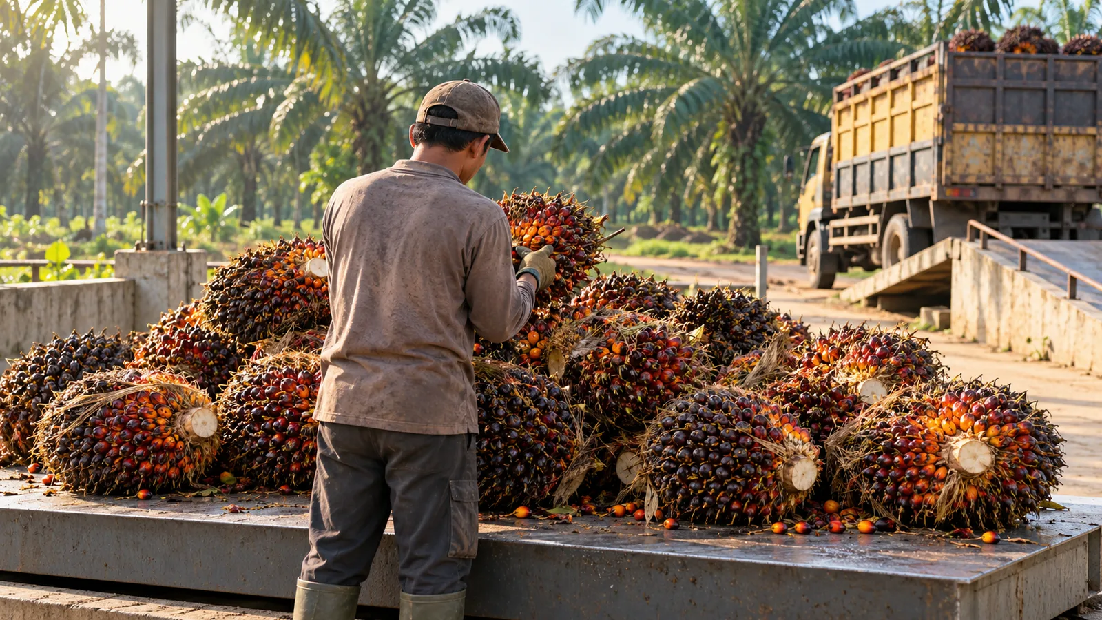 Pekerja memeriksa tandan buah segar di area pengumpulan dan penimbangan kebun sawit.