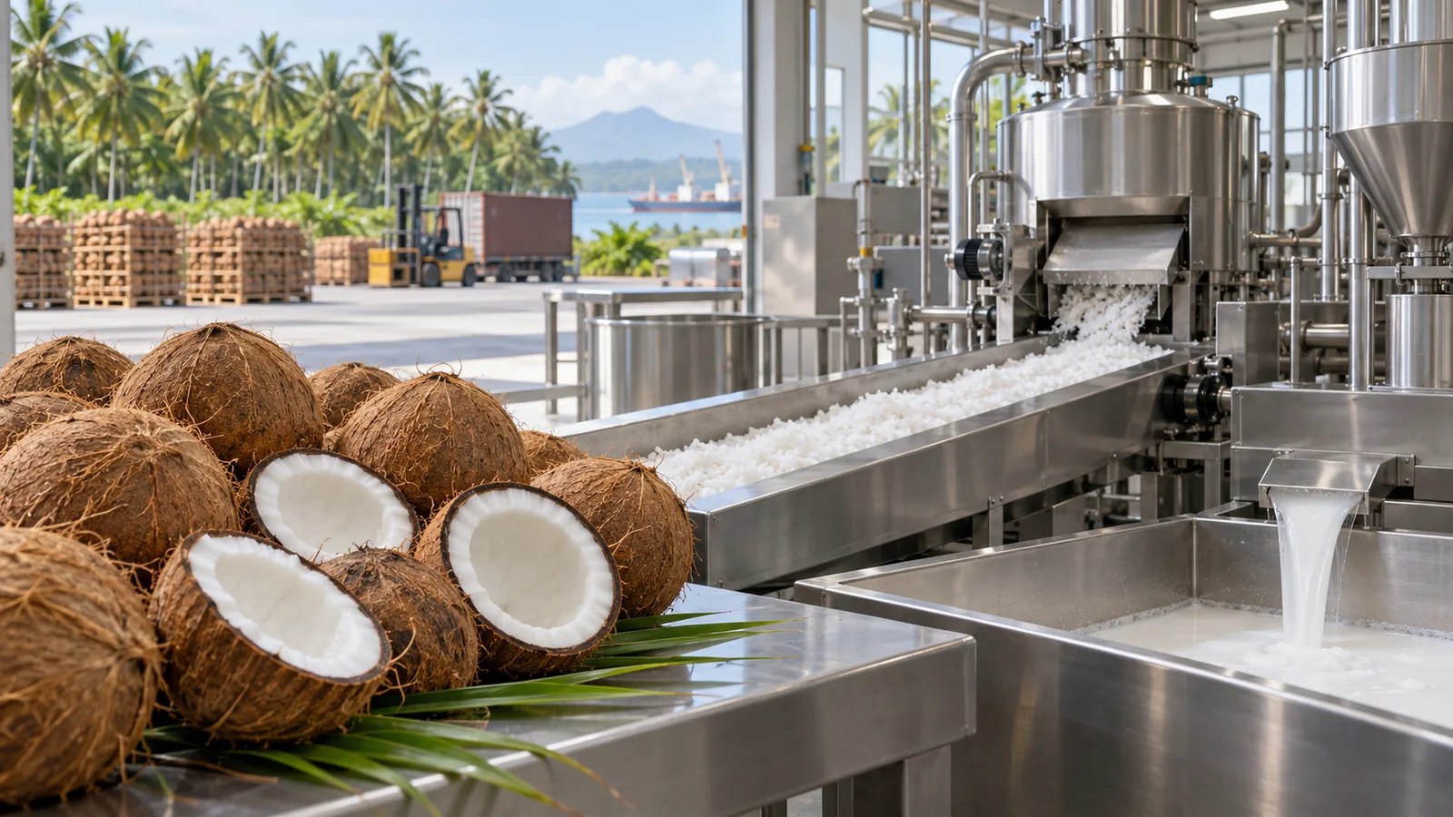 Buah kelapa dan mesin pengolahan pangan di fasilitas industri modern