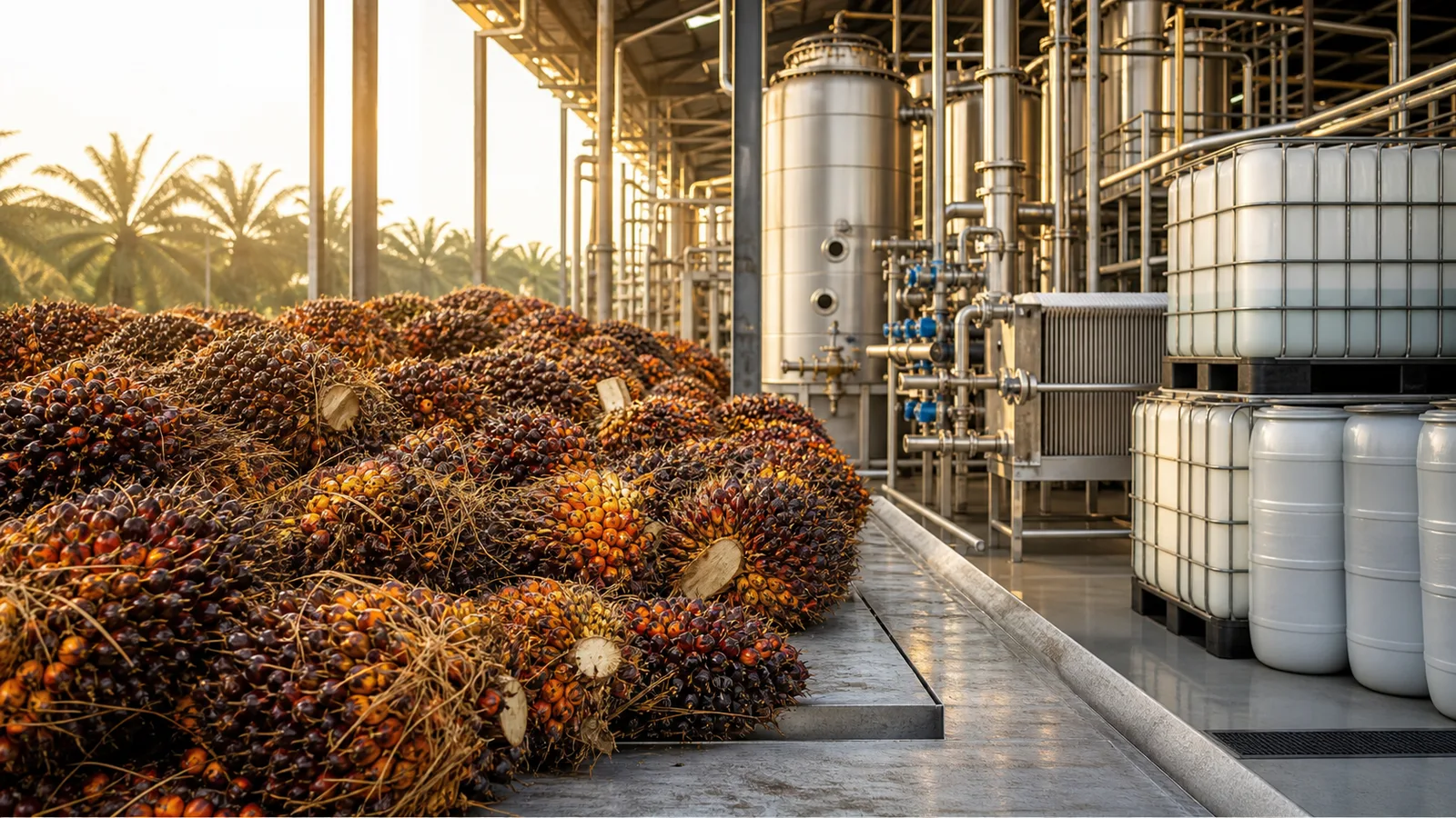 Tandan buah sawit di depan fasilitas pengolahan oleofood dan oleokimia modern