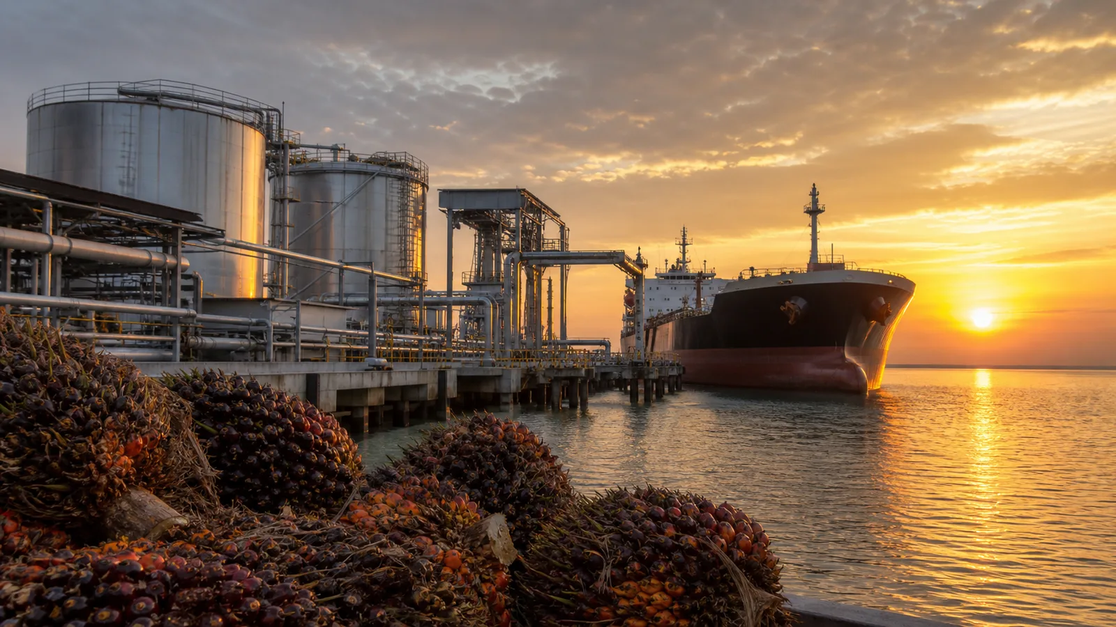Terminal ekspor CPO dengan tangki penyimpanan, kapal tanker, dan tandan buah sawit saat matahari terbit