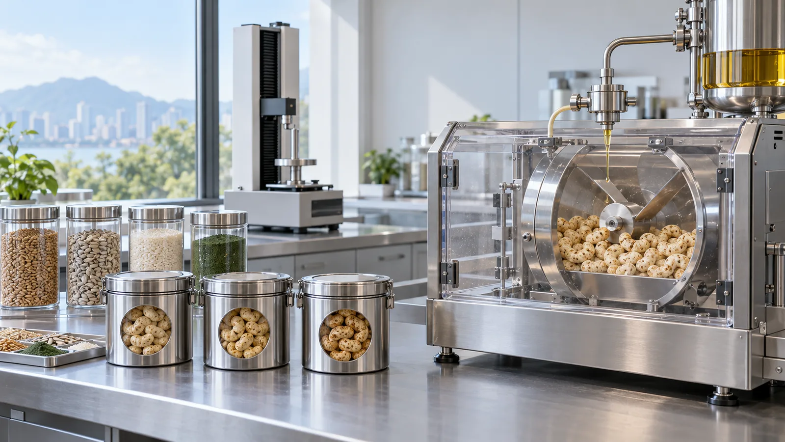 Unit formulasi camilan puffed dengan sistem dosis minyak nabati di laboratorium pangan