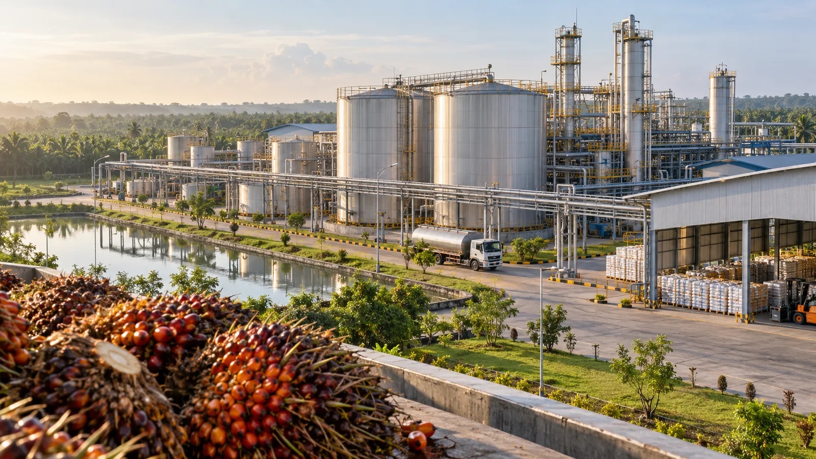 Fasilitas pengolahan sawit modern dengan tandan buah segar dan area logistik industri