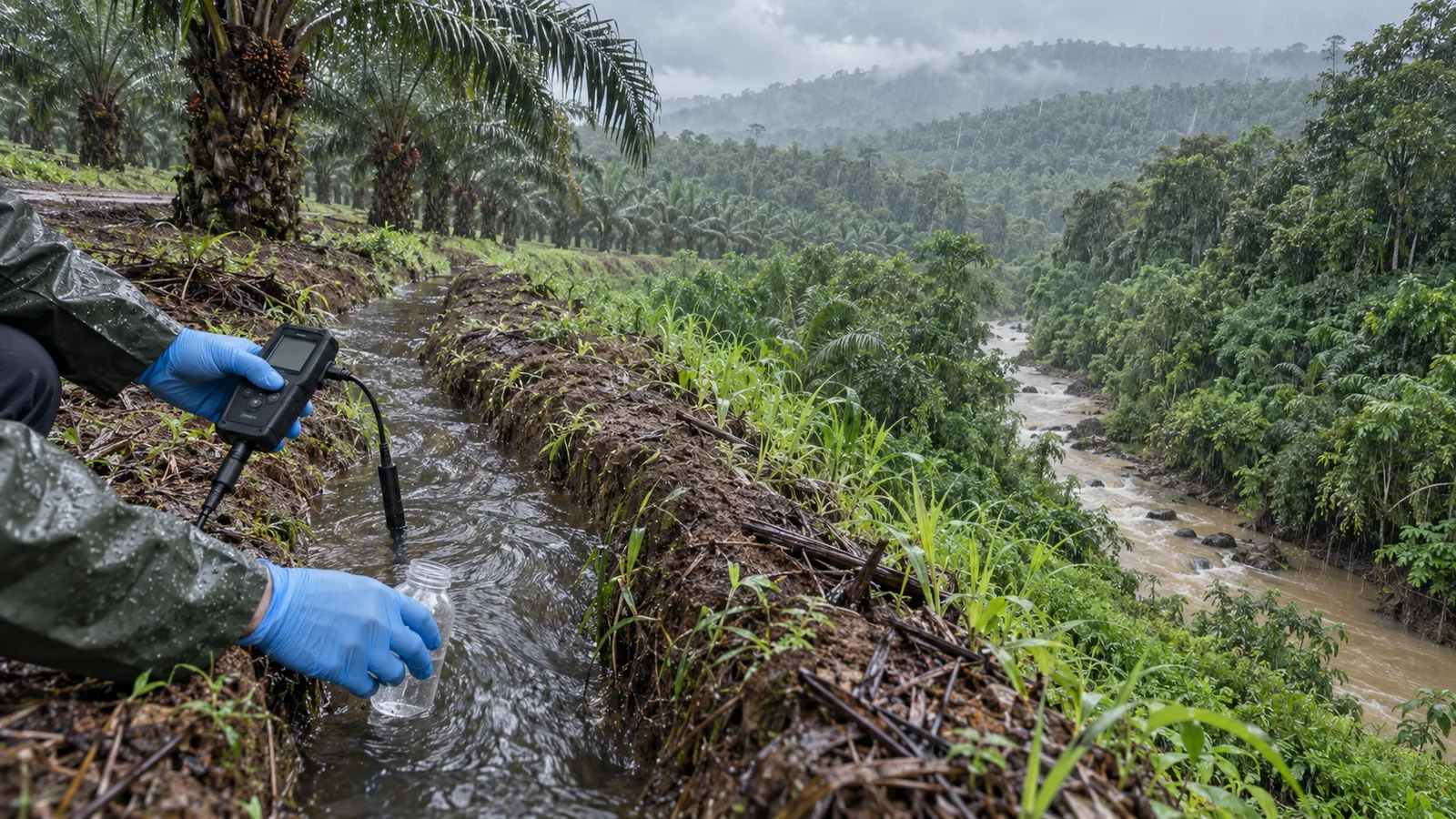 Petugas mengambil sampel air di saluran kebun sawit saat hujan untuk memantau kualitas air daerah tangkapan
