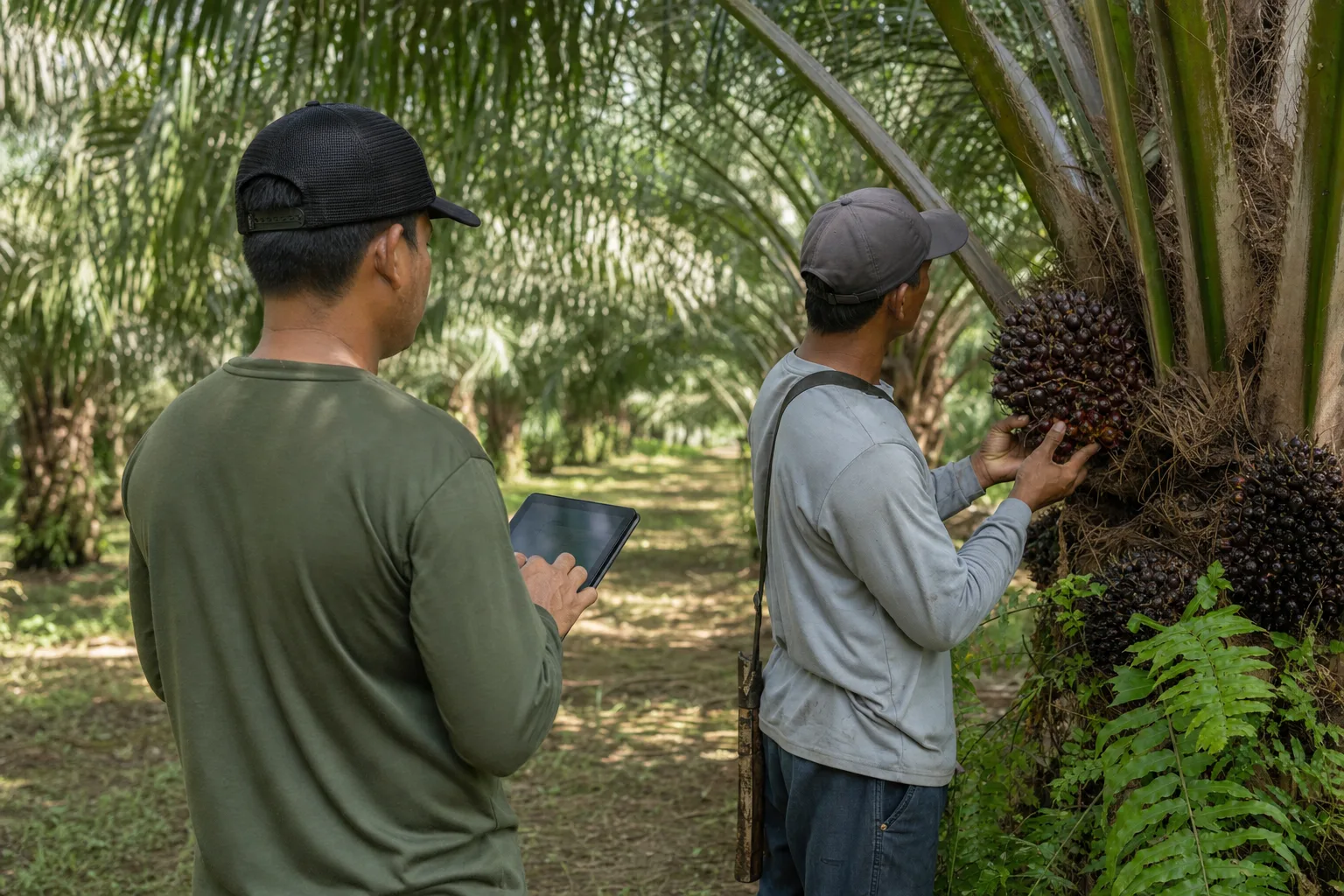 Pekebun memeriksa tandan buah sawit sementara pendamping mencatat data kebun dengan tablet
